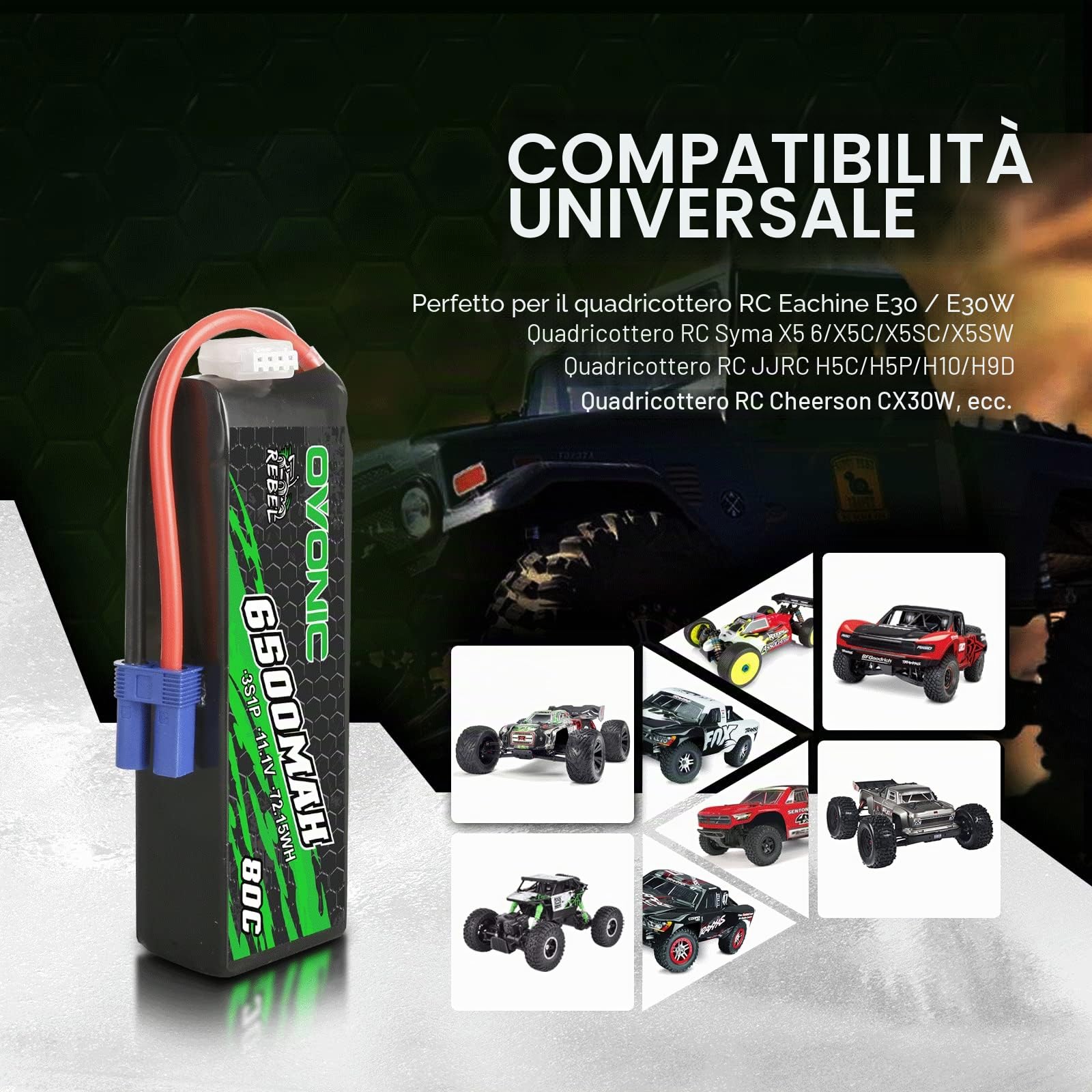 OVONIC 3s Batteria Lipo 6500mAh 80C 11.1V con Connettore EC5 per RC Auto Barca Camion Buggy Team Associato Hobby FAI DA TE