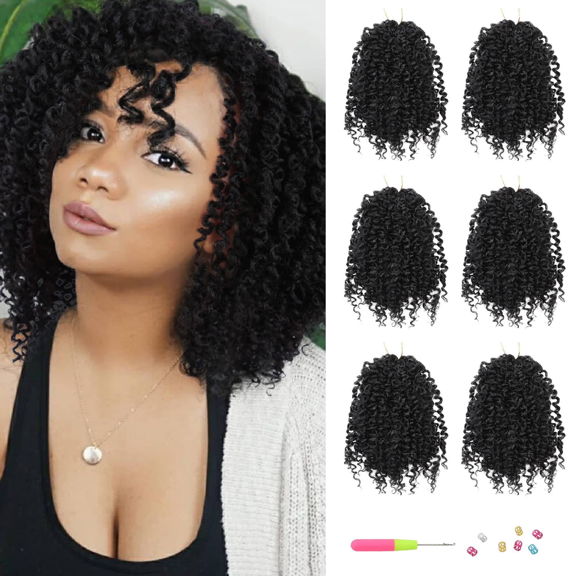 Hanne Fashion6 Packs Curly Crochet Hair 8 Inches 120 Strands Short Pre-Looped Crochet Hair Short Braids for Black Women (6Packs,1B)