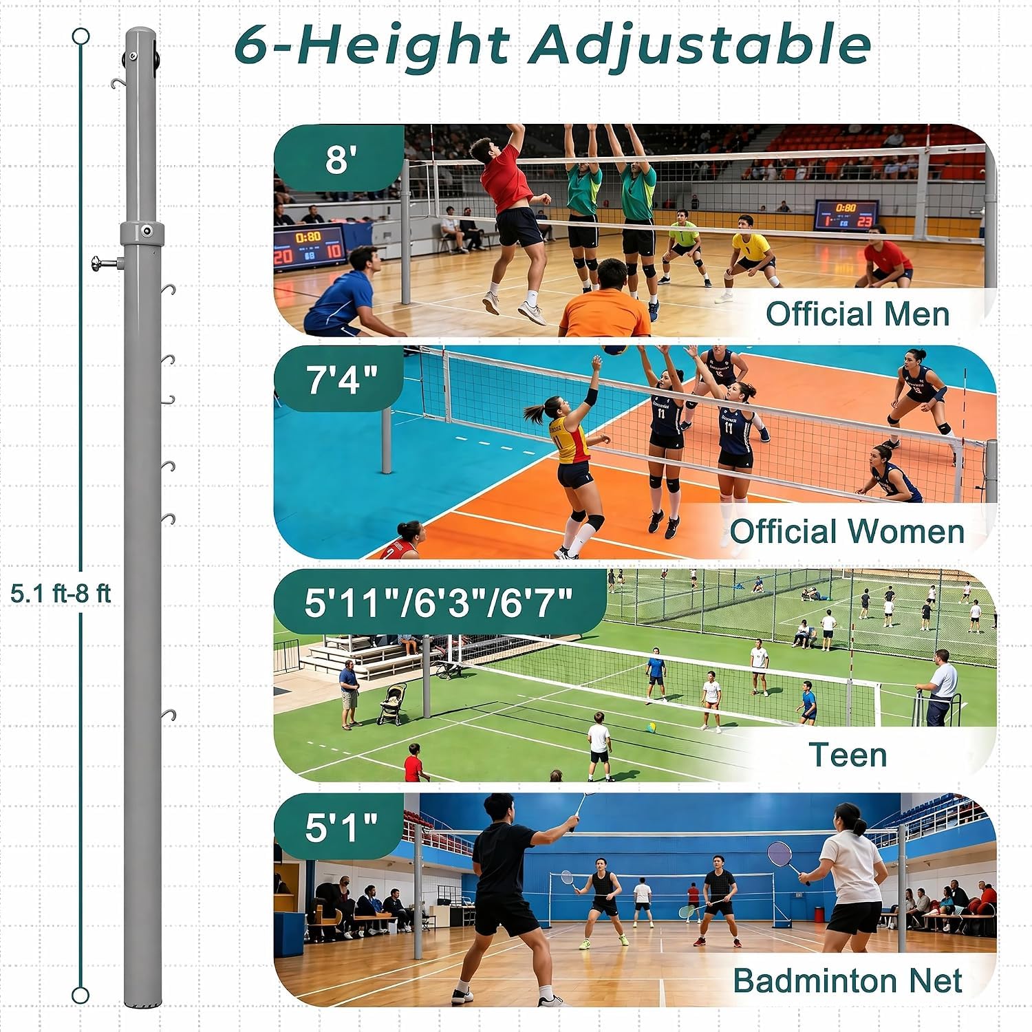 Rete da pallavolo regolabile con 6 pali in acciaio per interni ed esterni