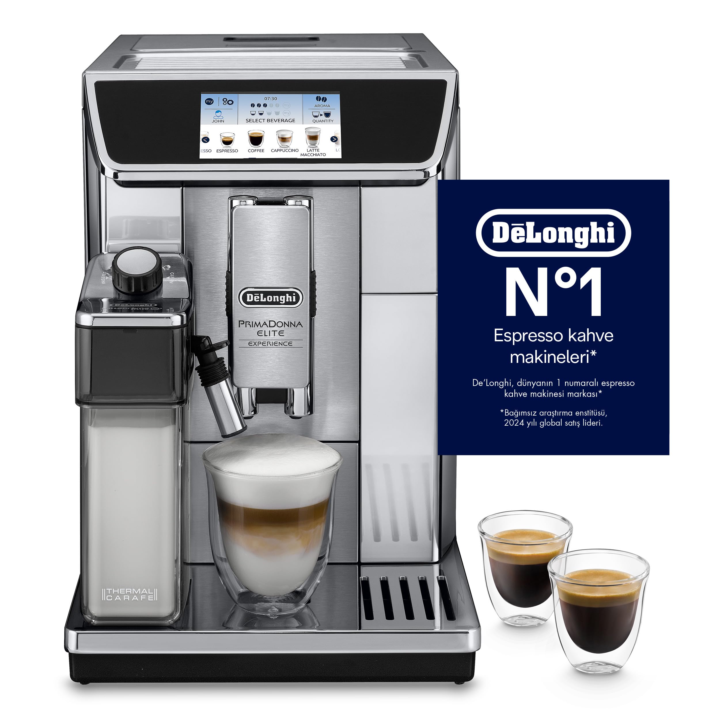 Delonghi super-automatic espresso coffee machine with double boiler, milk frother, chocolate maker for brewing espresso, cappuccino, latte, macchiato & hot chocolate. ECAM65085MS PrimaDonna Elite
