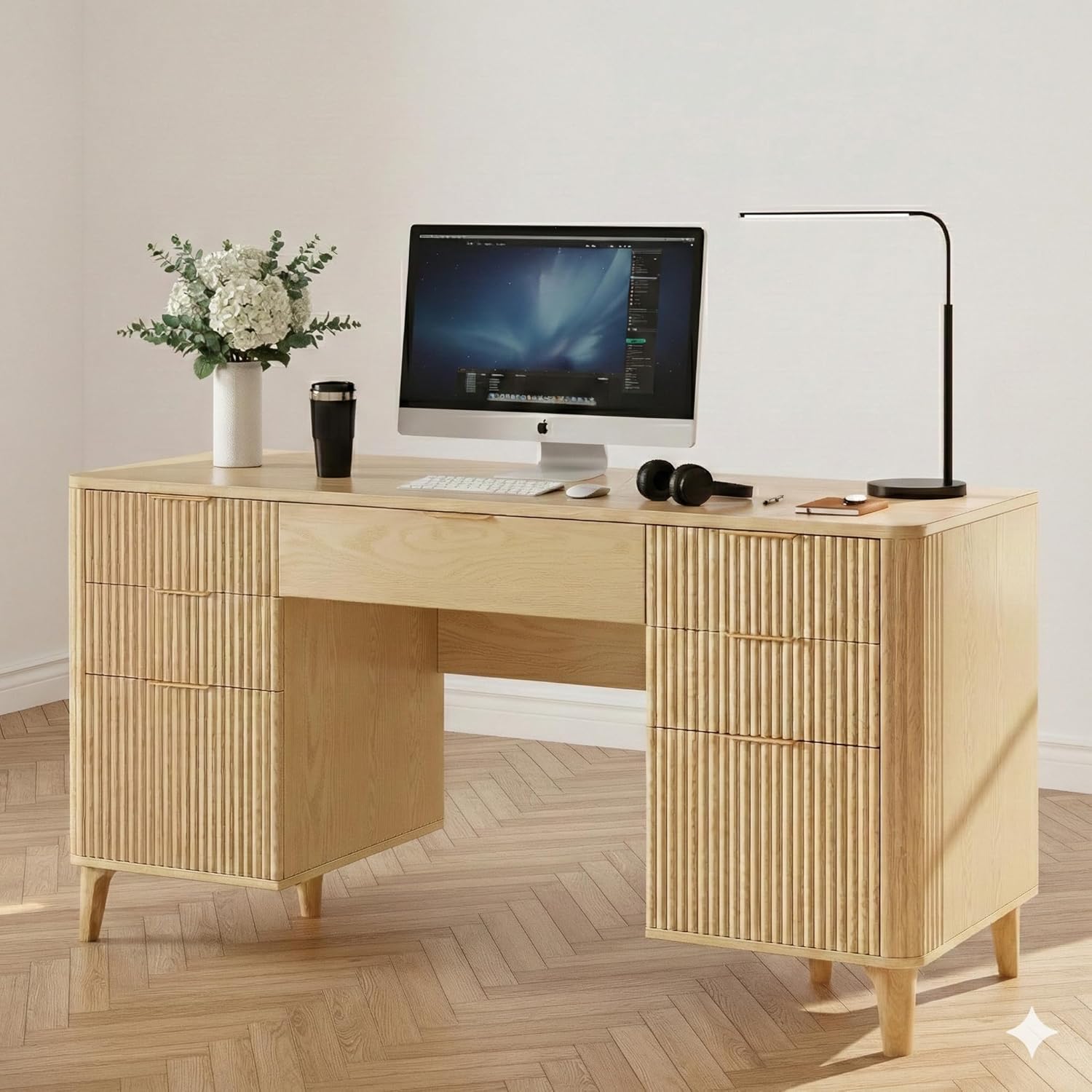 Wooden Desk with Drawers, 55" Fluted Executive Desk with Storage Cabinet, Wood Home Office Desk with File Cabinet, Modern Computer Writing Desk for Study, Living Room, Bedroom