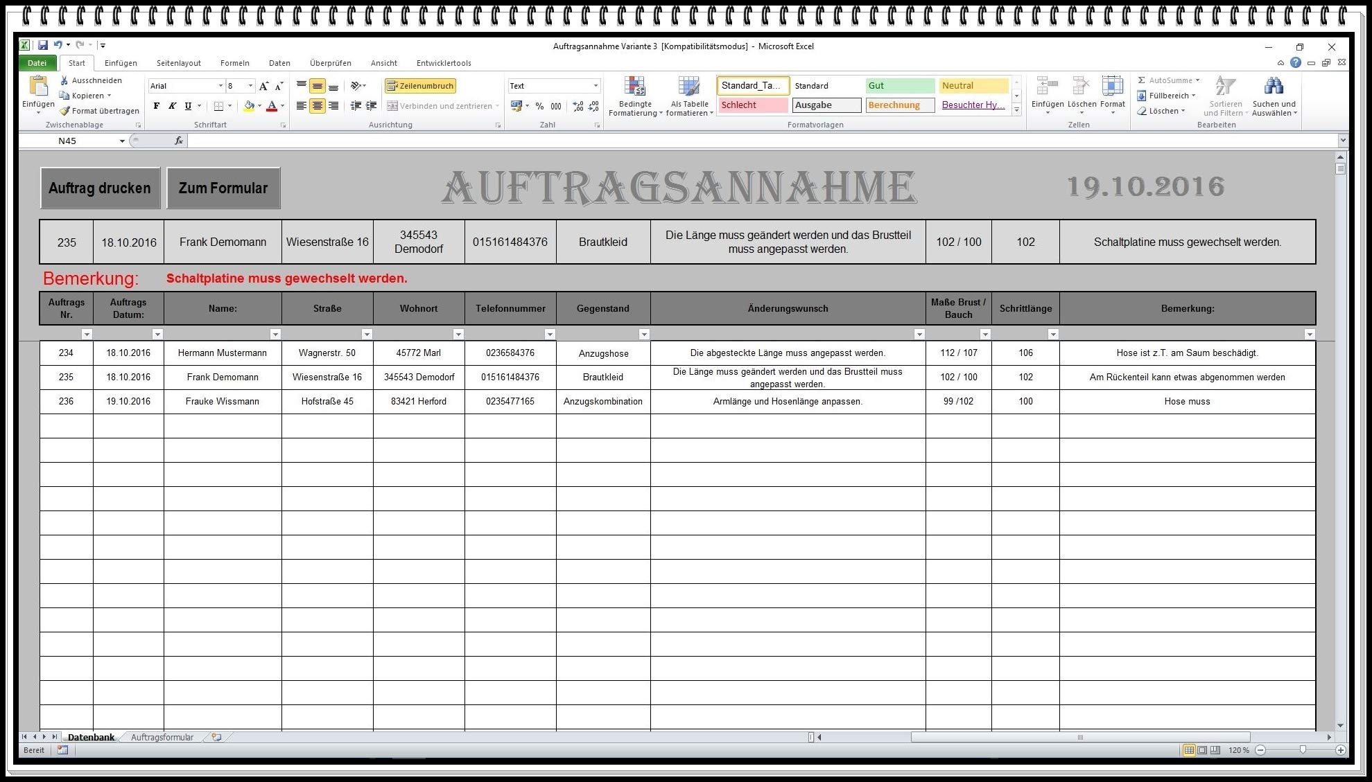 Auftragsverwaltung mit Abholschein für Excel inkl. Rechnungsvorlage | Kundenverwaltung, Auftragsannahme
