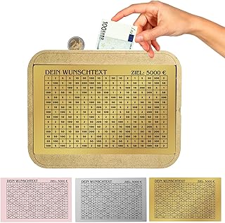 Spardose aus Holz mit Wunschtext und Tabelle, Sparziel: von 500 € bis 10.000 € Sparschwein aus Holz mit zähler Wiederverwendbare Geldkassette Holzspardose mit Sparziel zum Ankreuzen