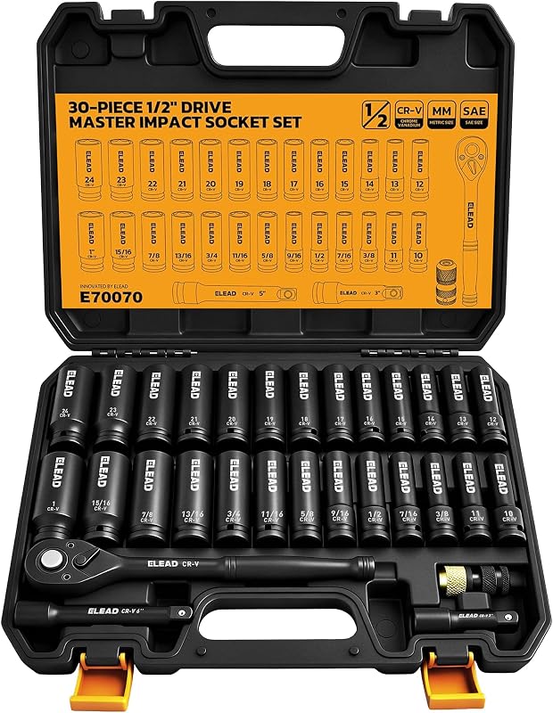 1/2" Drive Deep Impact Socket Set: 30-Piece Standard SAE (3/8 to 1 Inch) and Metric (10-24mm) Size, 3" and 5" Drive Extension Bar, Ratchet Handle, Bit Adapter, CR-V Steel for Auto Repair