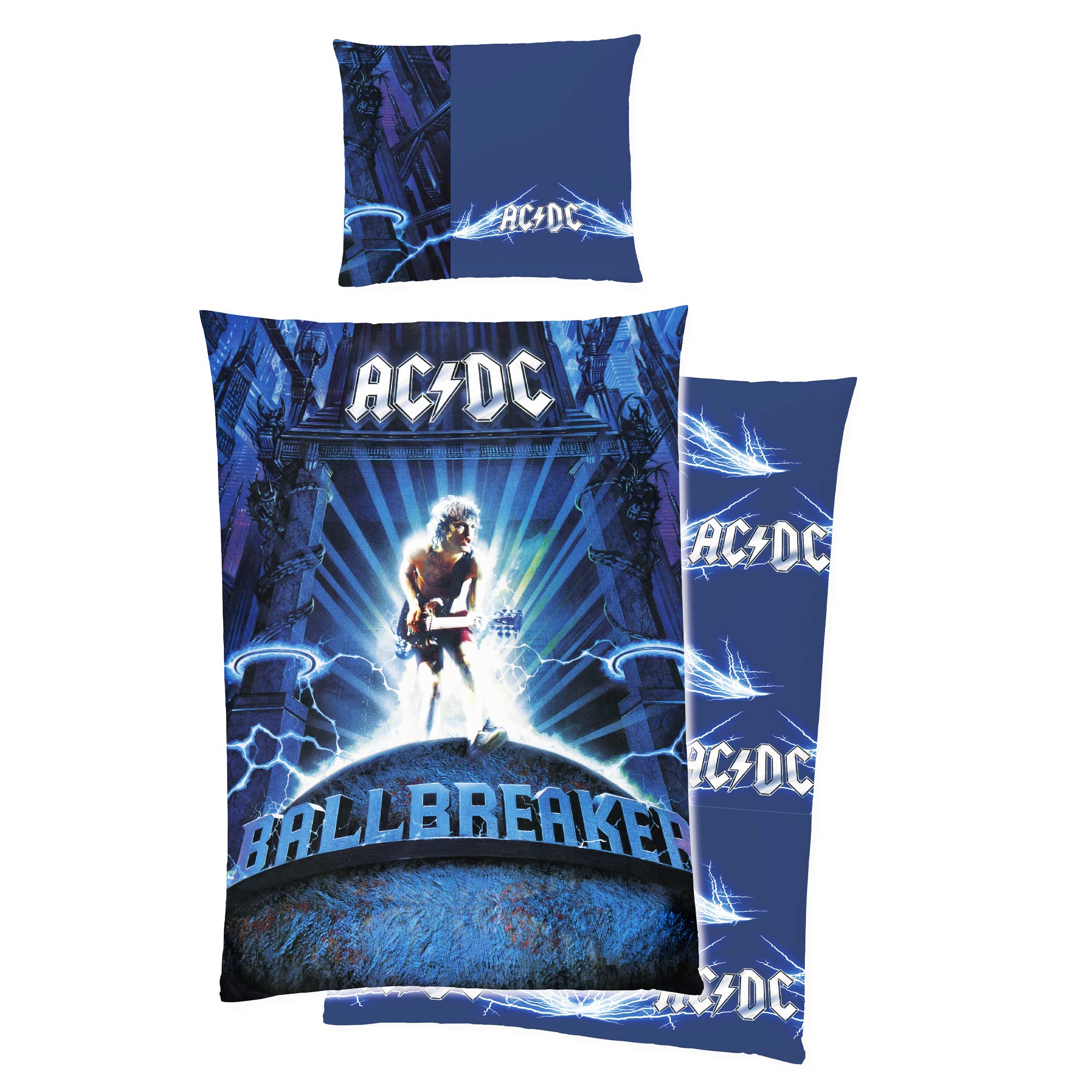 ACDC Rock Bettwäsche AC/DC Ballbreaker Blau 135 cm x 200 cm + 80 cm x 80 cm 100% Baumwolle Renforcé-Linon-Qualität Bon Scott Malcom Young Dave Evans Axl Rose mit Reißverschluss deutsche Größe