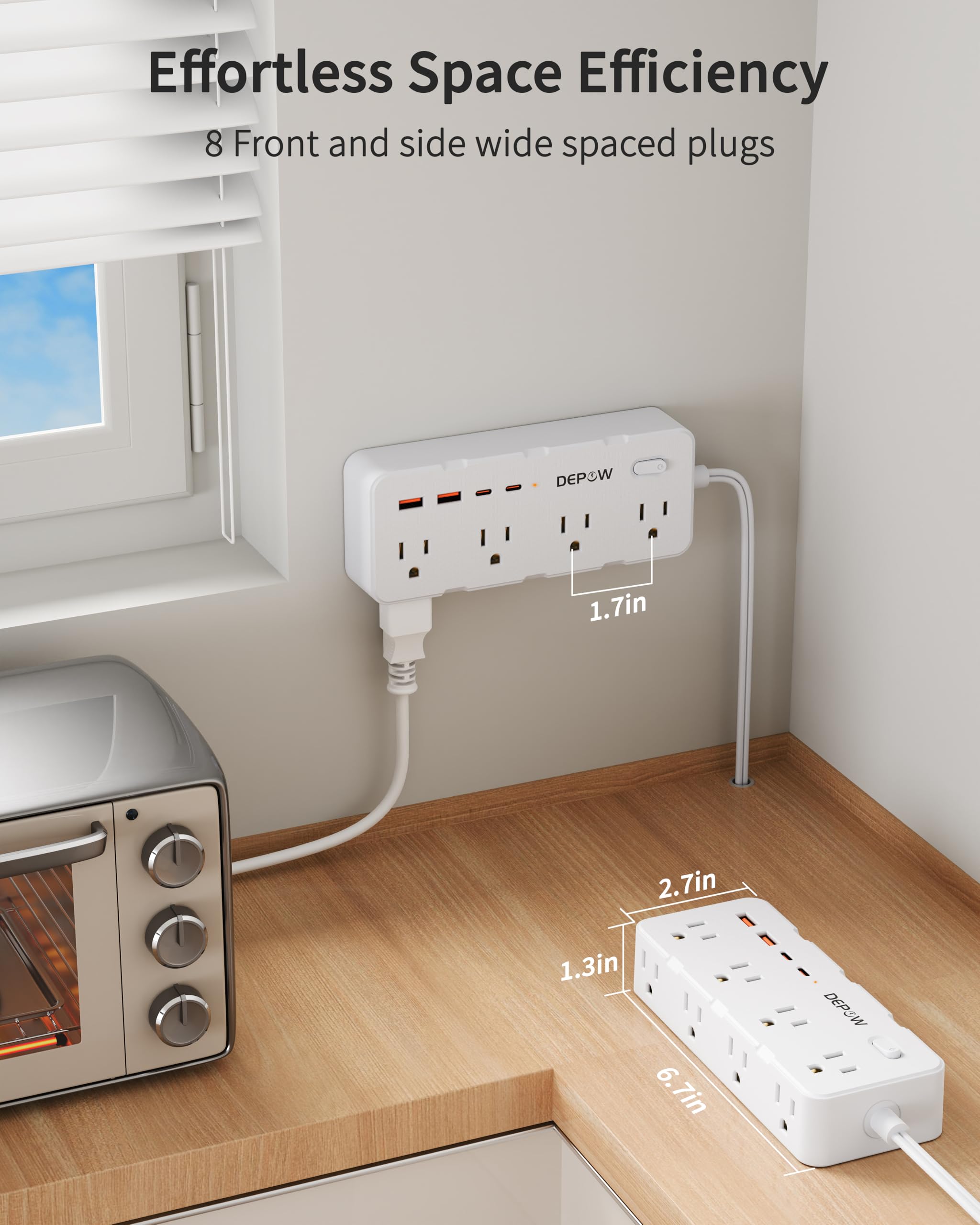 DEPOW - Tira de alimentación de 2 clavijas, cable de extensión de 10 pies, adaptador de salida de 2 a 3 clavijas con 8 puertos CA y 4 puertos USB (2 USB C), protector de sobretensión de dos clavijas