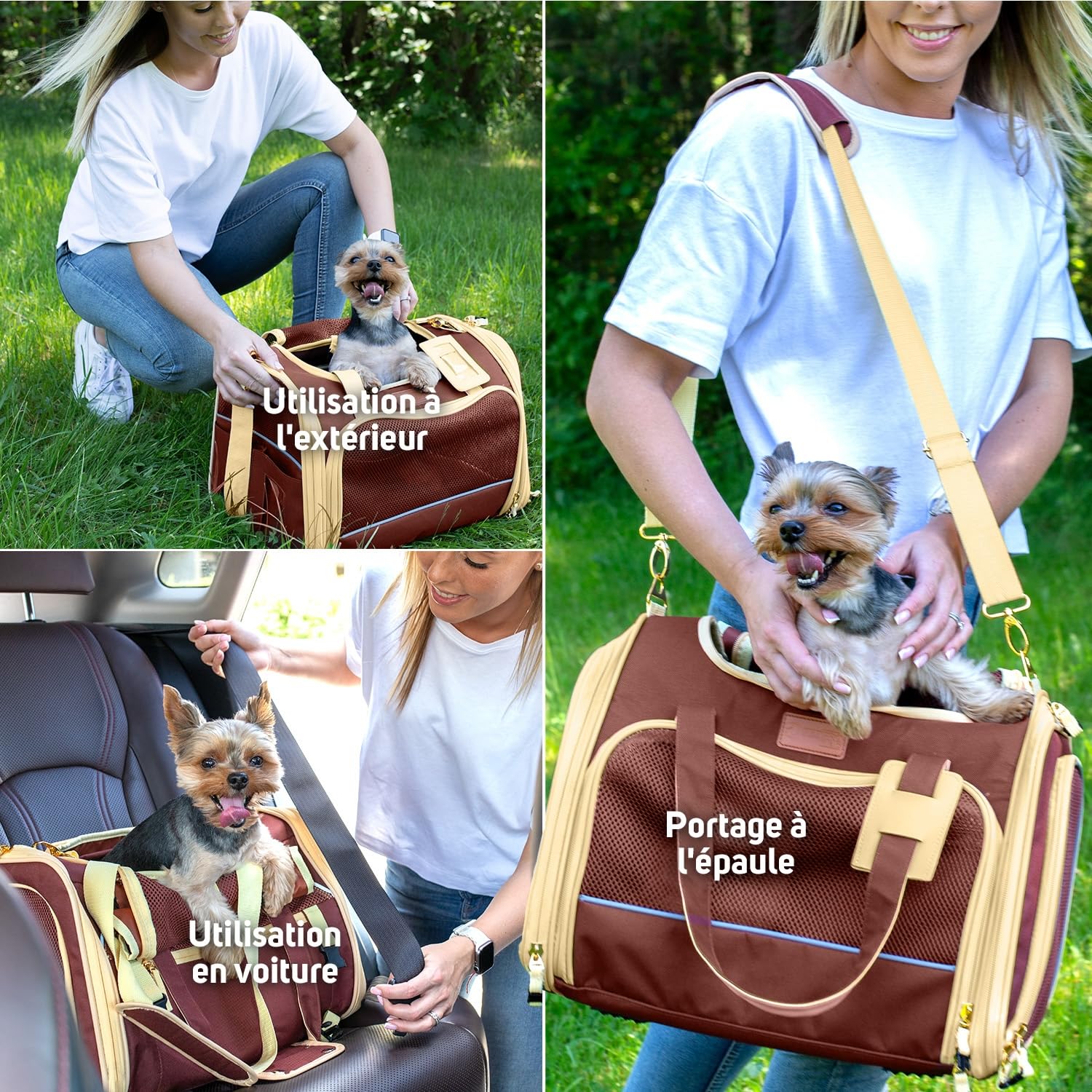 PETPROVED Caisse de Transport Chien Chat Sac de Transport pour Chien Voiture Chat Sac de Voyage Pliable Caisse Cage (M Marron)