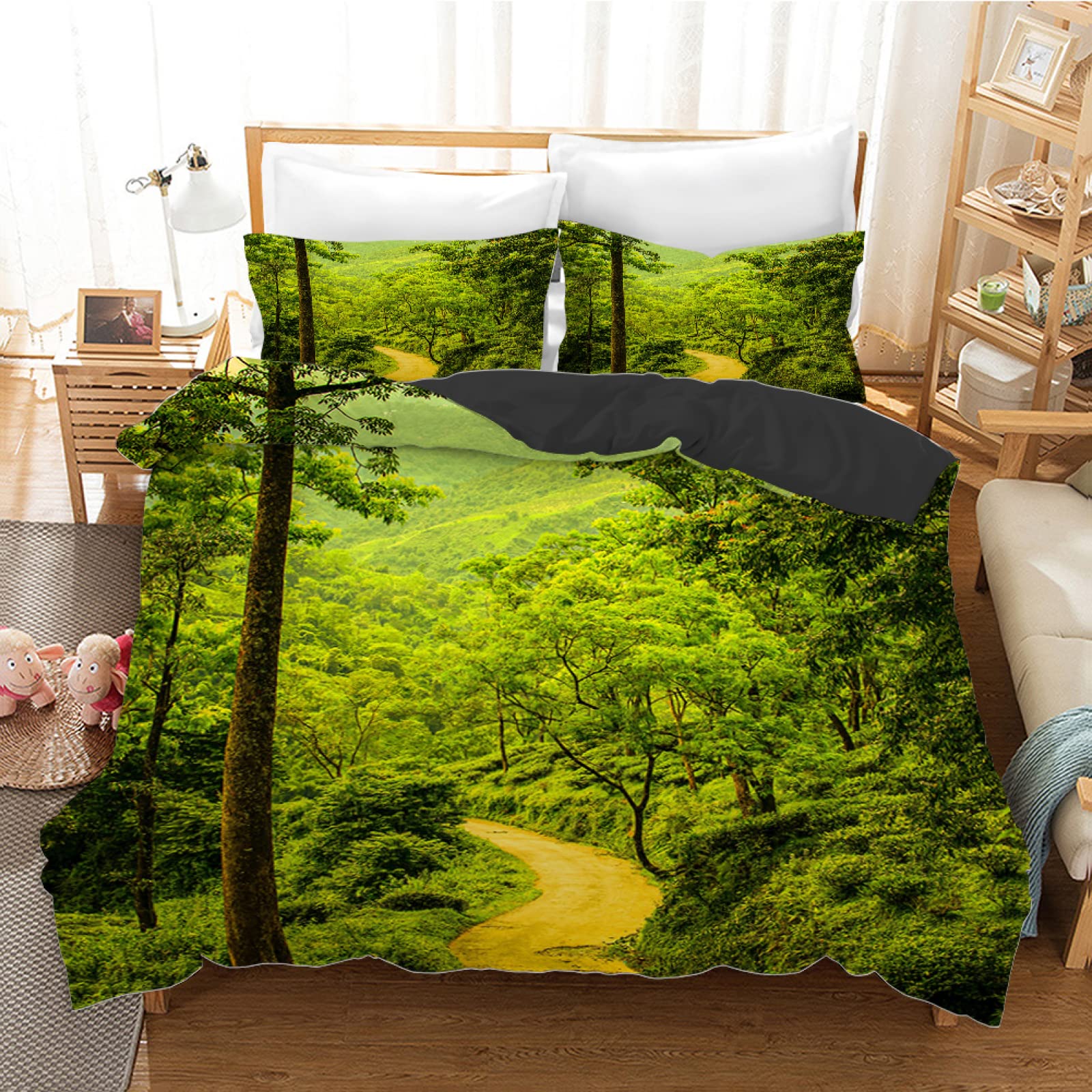Housse couette ado 90x190 microfibre ultra douce motif bois verts