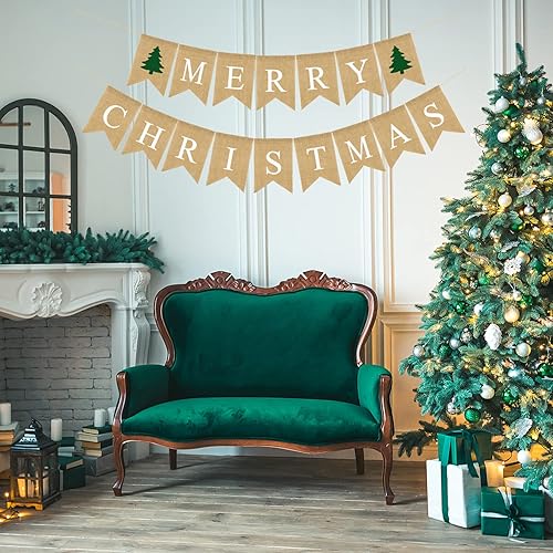 Miniatura 4 de Cartel de arpillera de Feliz Navidad, árbol de Navidad, rústico, vintage, guirnalda de banderines de Navidad para suministros de fiesta de Navidad,