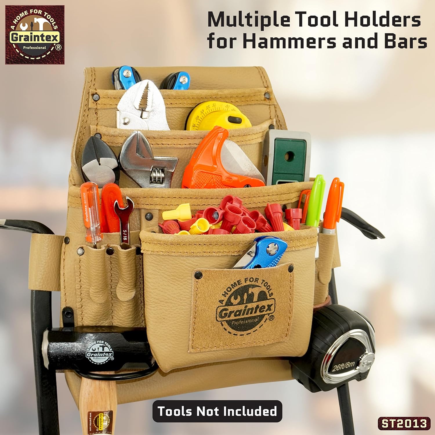 Graintex ST2013 10 Pocket Nail & Tool Pouch Rugged Beige Color Top Grain Leather for Framers, Constructors, Electricians, Plumbers, Hnadyman