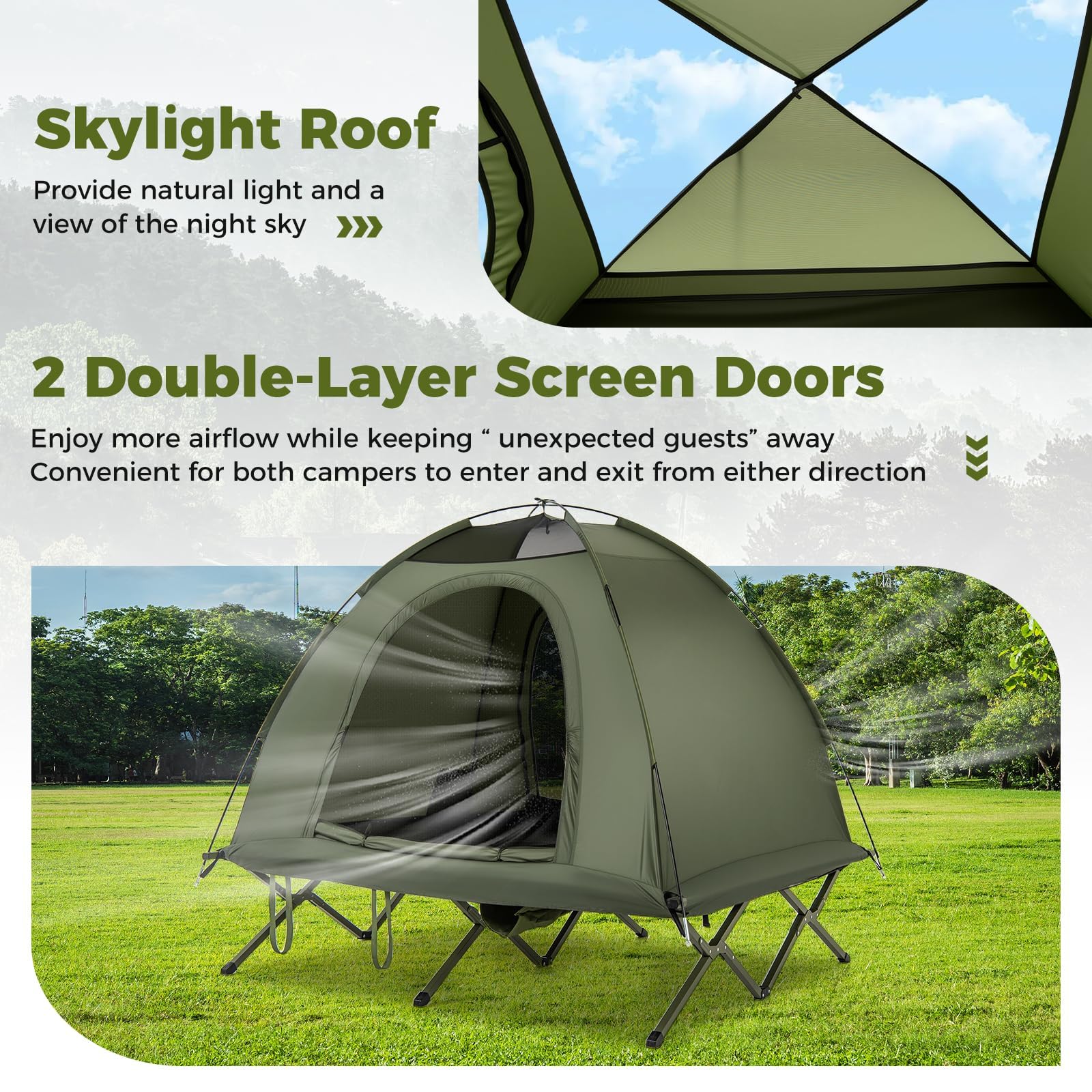 FANTASK Feldbett mit Zelt 2 Personen, Camping-Ausrüstung mit Regenschutz, 2 Netztüren, Dachfenster & Rolltasche, Outdoor-fähige Unterkunftsbett, bis 300 kg, 194 x 145 x 150 cm