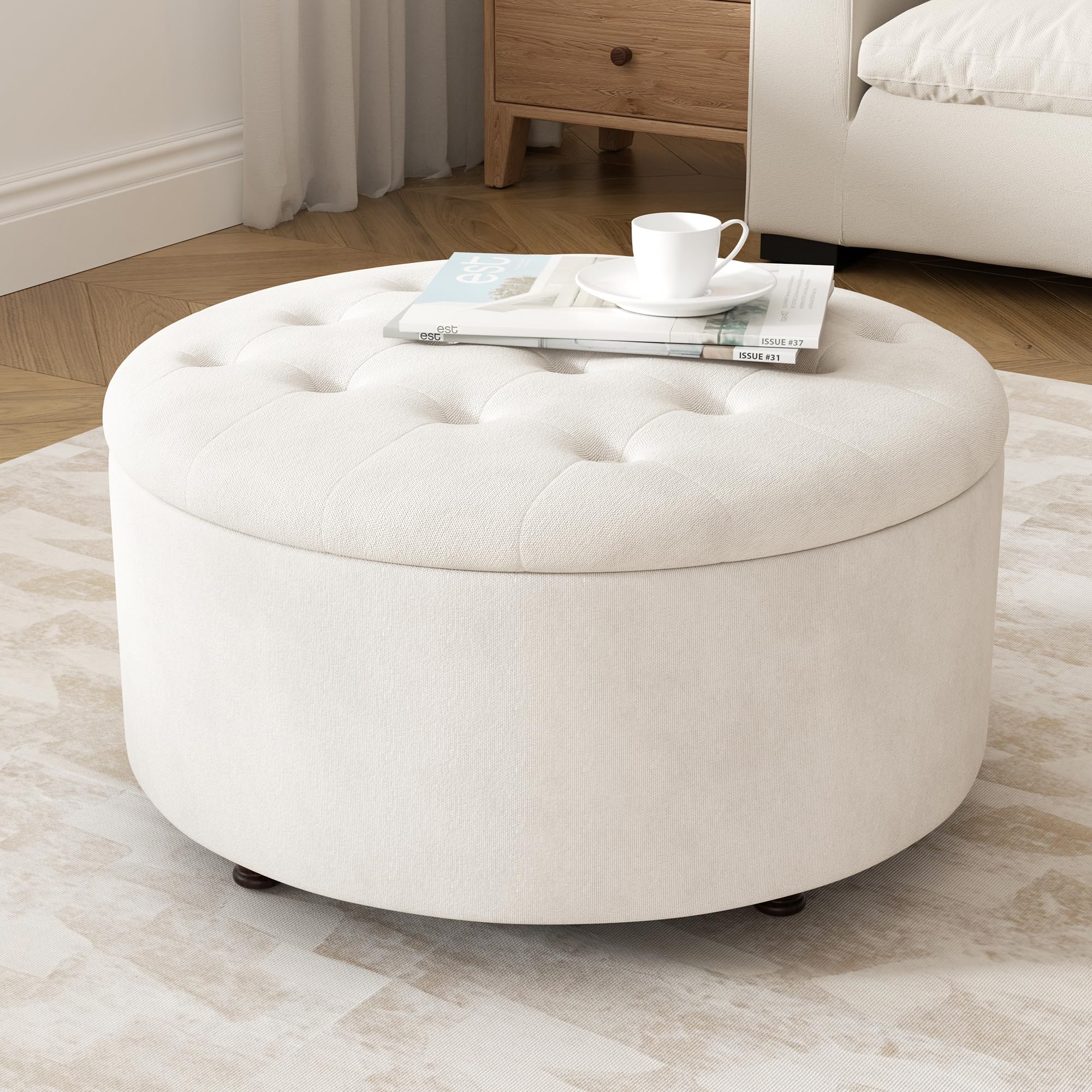 30 Inch Round Storage Ottoman,Modern Tufted Ottomans,Circular Coffee Table with Removable Top,Upholstered Large Ottoman with Storage Footrest Stool for Bedroom Living Room (White)
