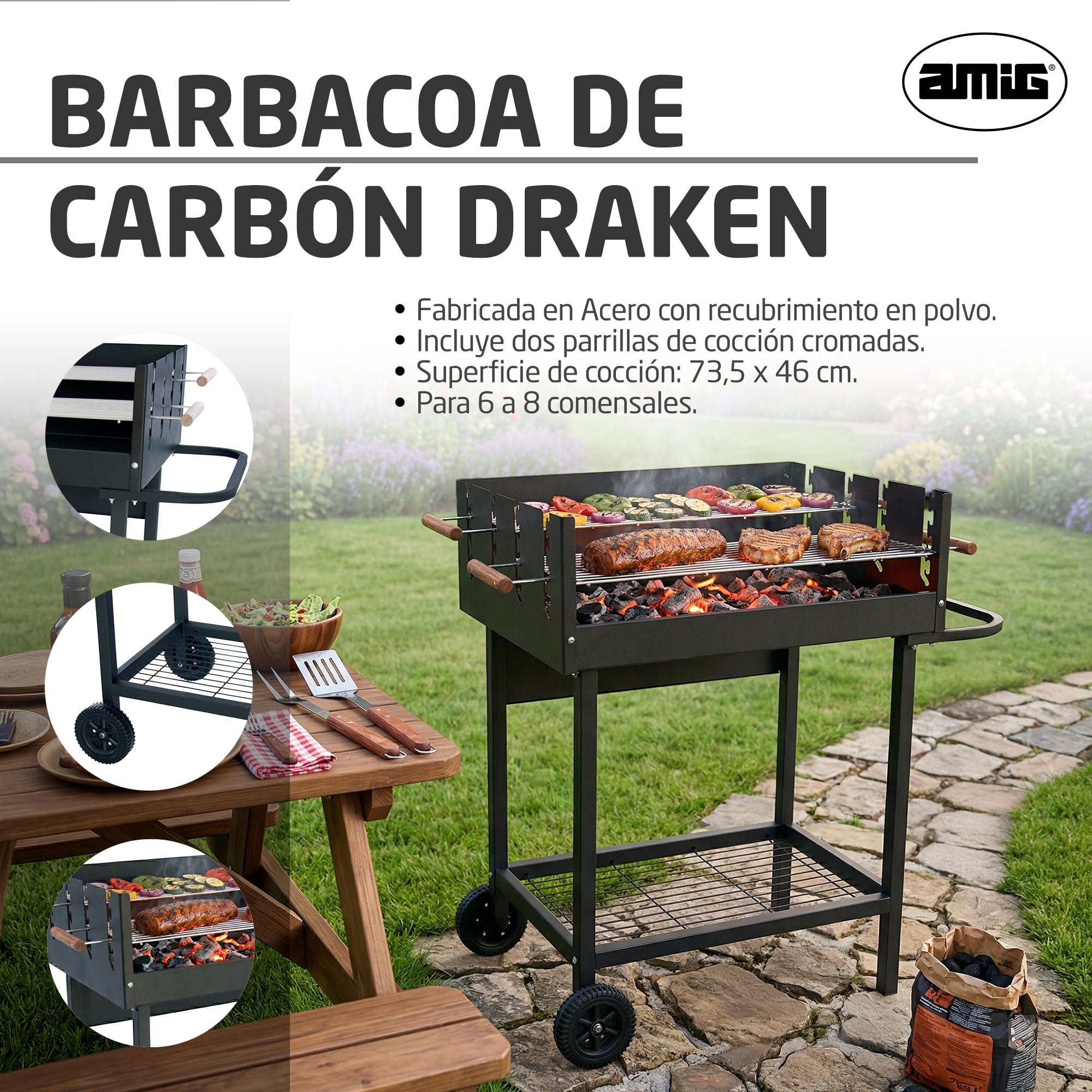 Amig - Barbacoa de carbón - 94 x 51 x 93 cm - Negro - Fabricado en Acero - para jardín y patio con uso familiar y reuniones con montaje sencillo limpieza cómoda y calidad consistente. Mod. DRAKEN