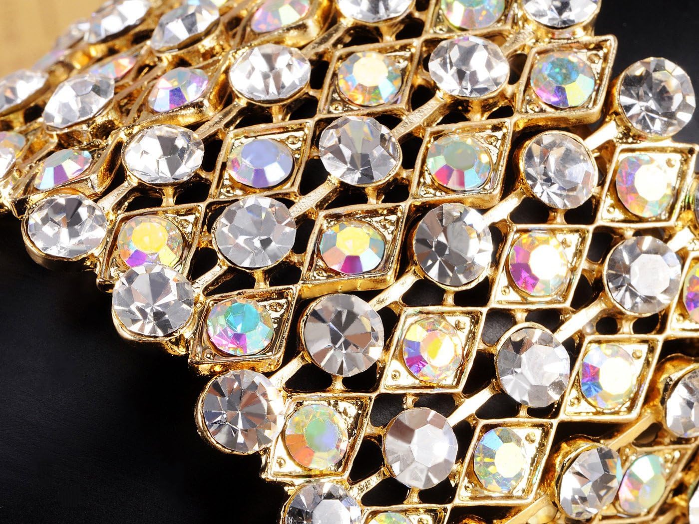 Alilang Wedding Prom Aurora Borealis Color Crystal Rhinestone Stretch Wide Open Cuff Bangle Bracelet - Image 2