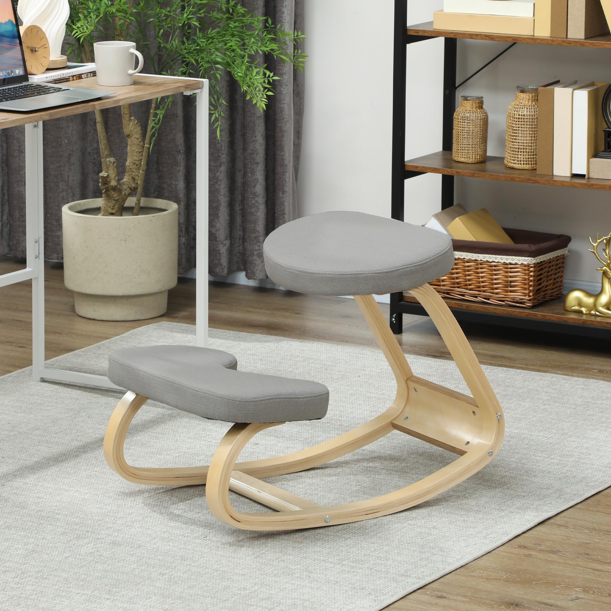 HOMCOM Sedia Inginocchiatoio con Movimento a Dondolo, Sedia Ergonomica Posturale in Tessuto Effetto Lino e Legno di Betulla, 50x73x55 cm, Grigio Chiaro