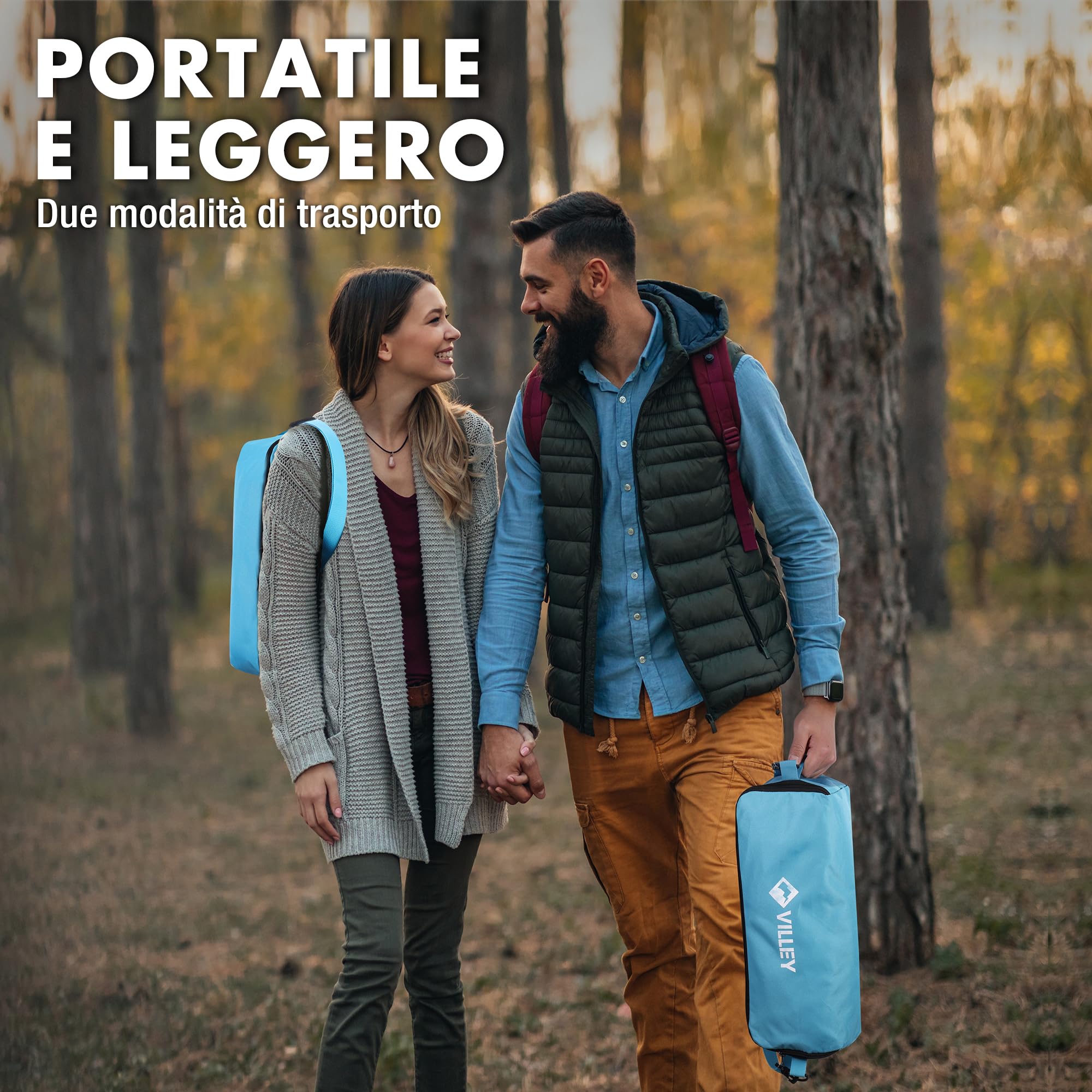 VILLEY Sedia da Campeggio Pieghevole Leggera e Portatile Blu, 150 kg di Capacità, con Borsa per il Trasporto – per Campeggio, Viaggi, Picnic, Festival, Escursionismo
