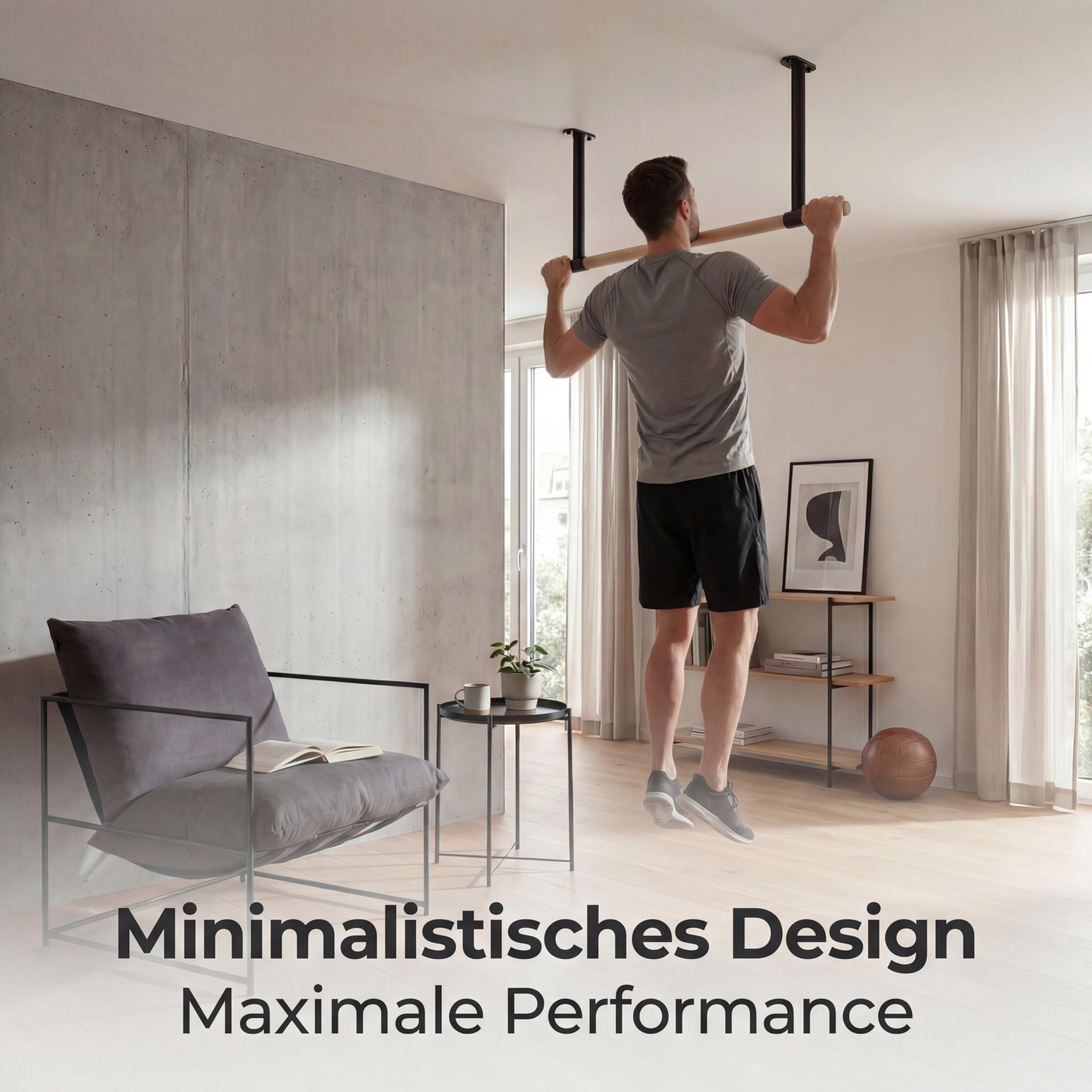 Klimmzugstange Decke - stilvolle Pull Up Bar aus Holz zur festen Deckenmontage - platzsparendes Design und hohe Bewegungsfreiheit - Calisthenics Equipment für Zuhause - bis 125kg