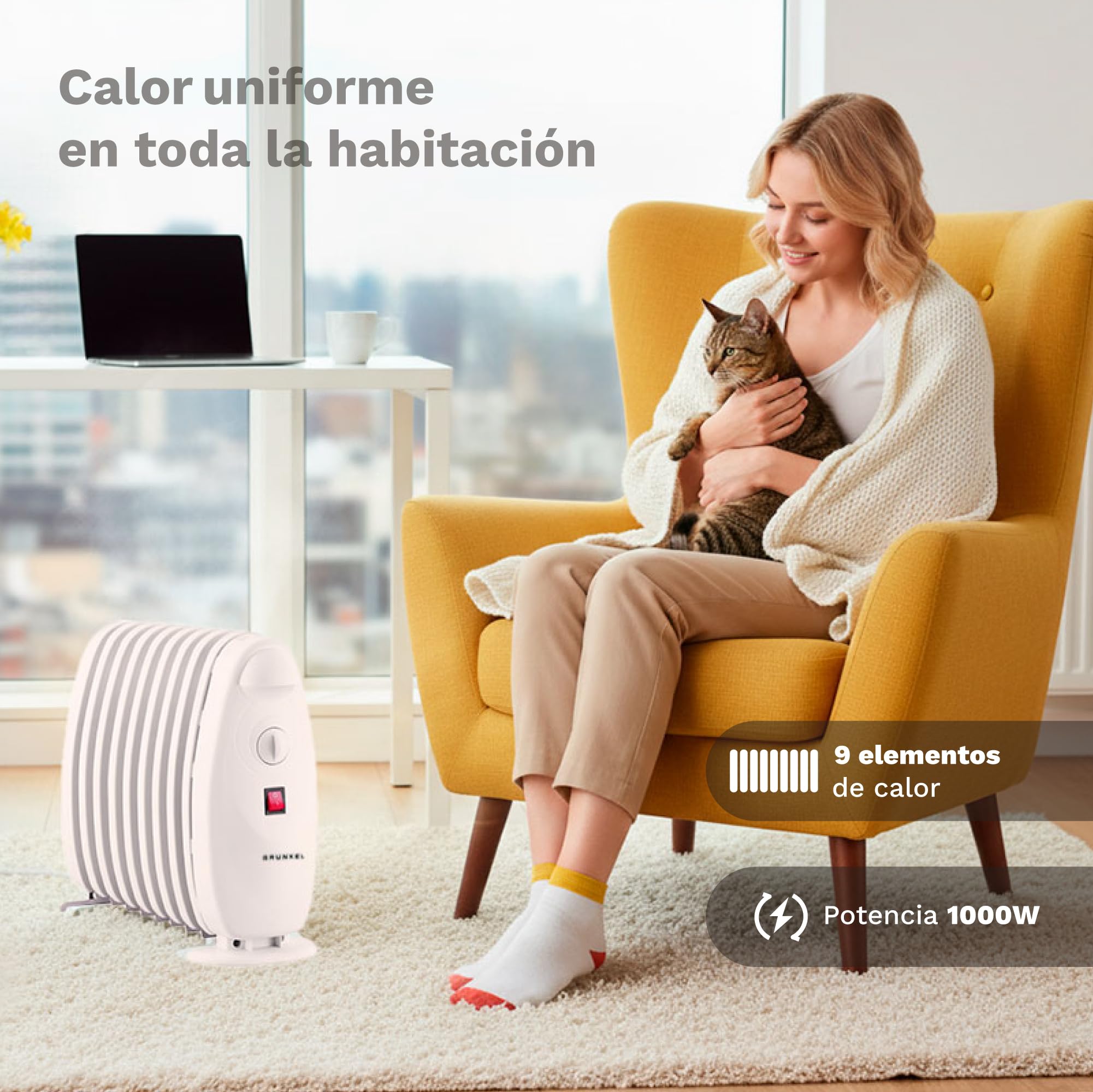 Grunkel - Radiador de Aceite de 7 elementos 800W RACP-80D Emisor de calor de bajo consumo 3 niveles de calor regulables, termostato y sistema de protección sobrecalentamiento.