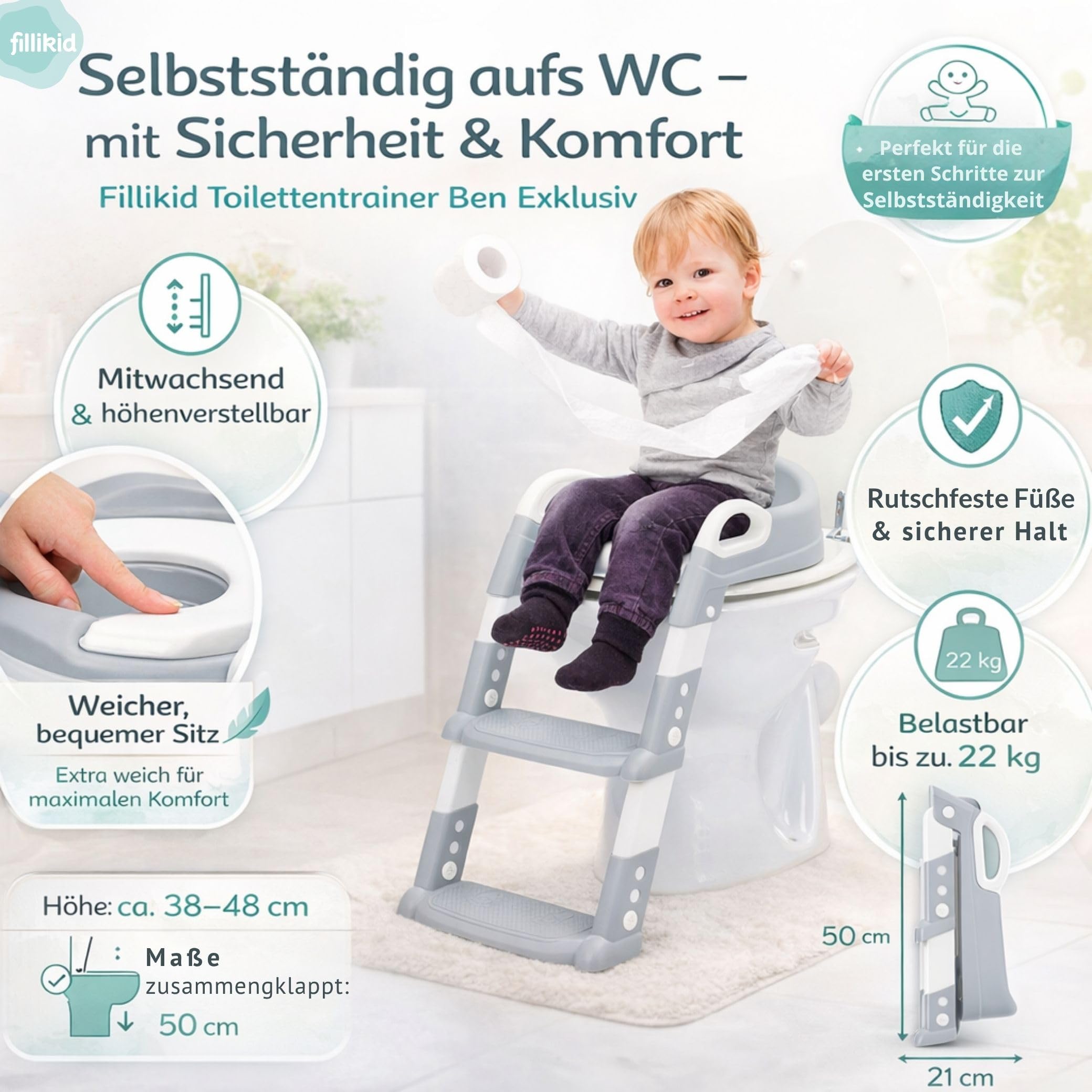 Fillikid Toilettentrainer Exklusiv | Toilettensitz mit Treppe für Kinder ab 24 Monaten | Höhenverstellbar, rutschfest & klappbar | Mit Haltegriffen & weichem Sitzpolster | Toilettentrainer | Höhenverstellbar, Rutschfest & Klappbar, Mit Haltegriffen, Weich