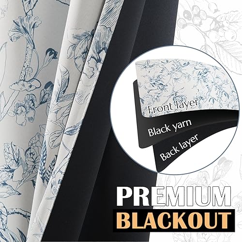 Miniatura 4 de jinchan Cortinas opacas florales azules para dormitorio de 63 pulgadas de largo, cortinas opacas con estampado de flores azules, con aislamiento
