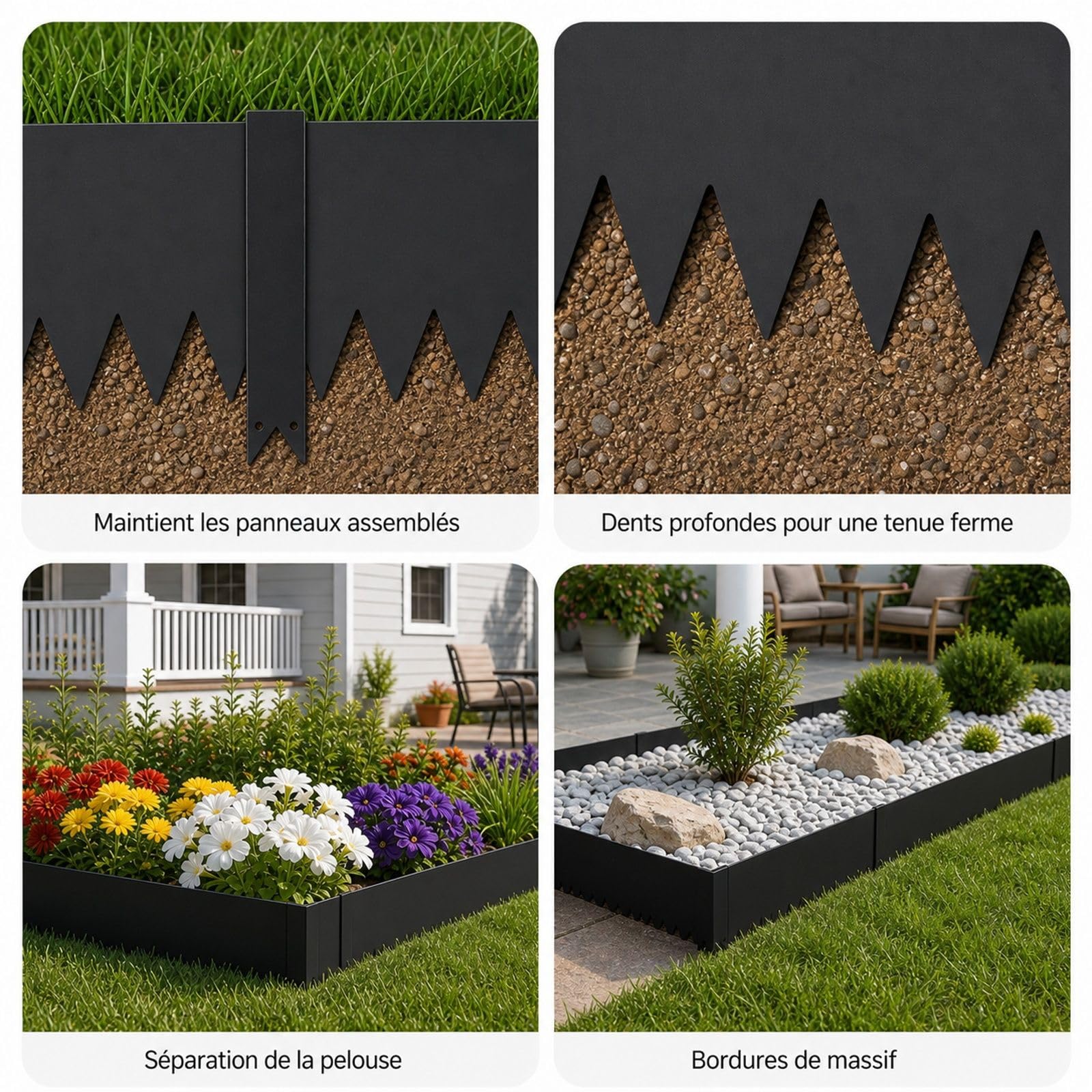 Bordure de Jardin en métal, Lot de 6, Acier galvanisé Noir, avec 8 Clips de Fixation, pour pelouse, massifs de Fleurs et allées