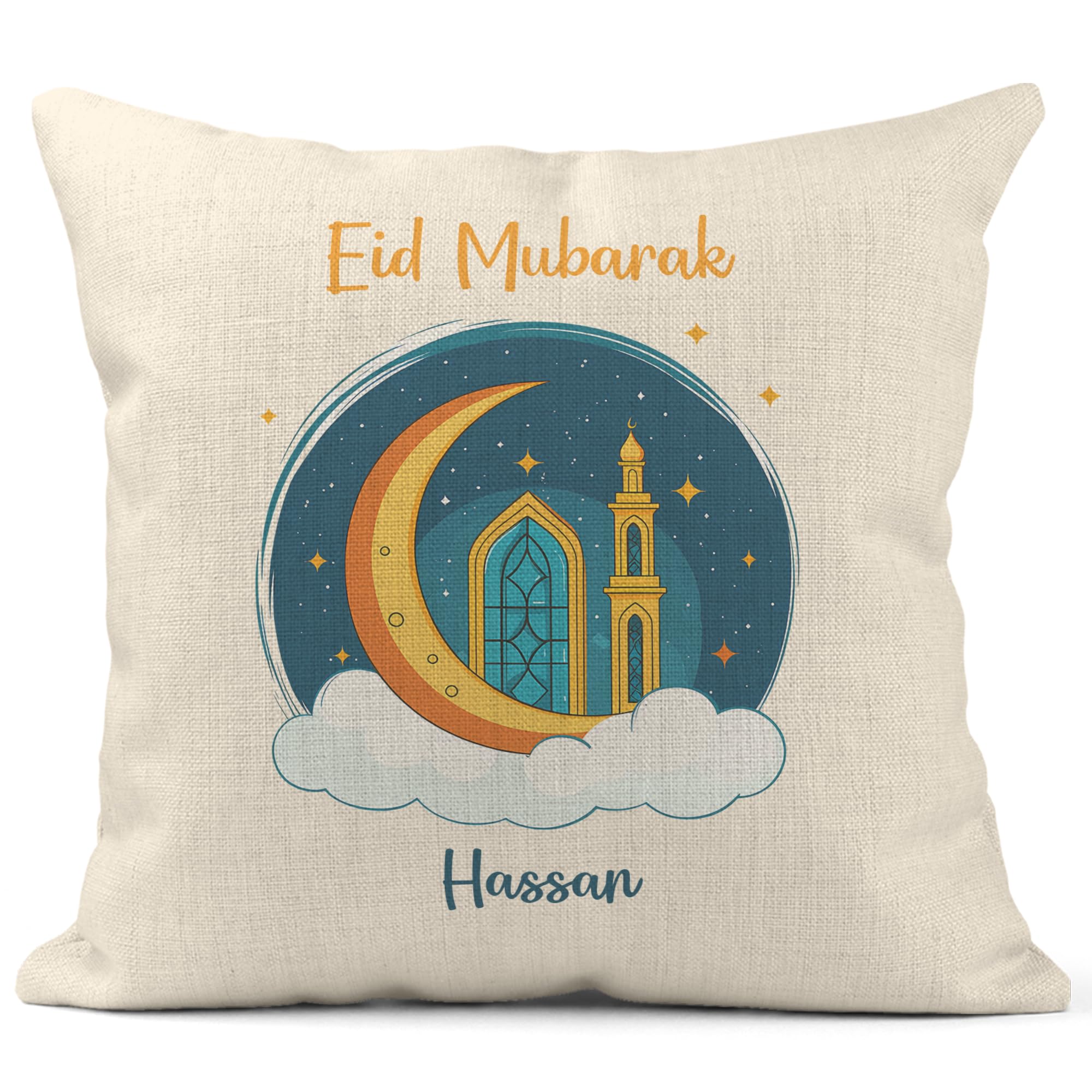 Print Maniacs White Eid Mubarak Cushion Cover With Personalised Name – Ramadan & Eid Islamic Home Decor Throw Pillow Case – Muslim Gift For Eid Al-Fitr & Eid Al-Adha – Crescent Moon Mosque Design