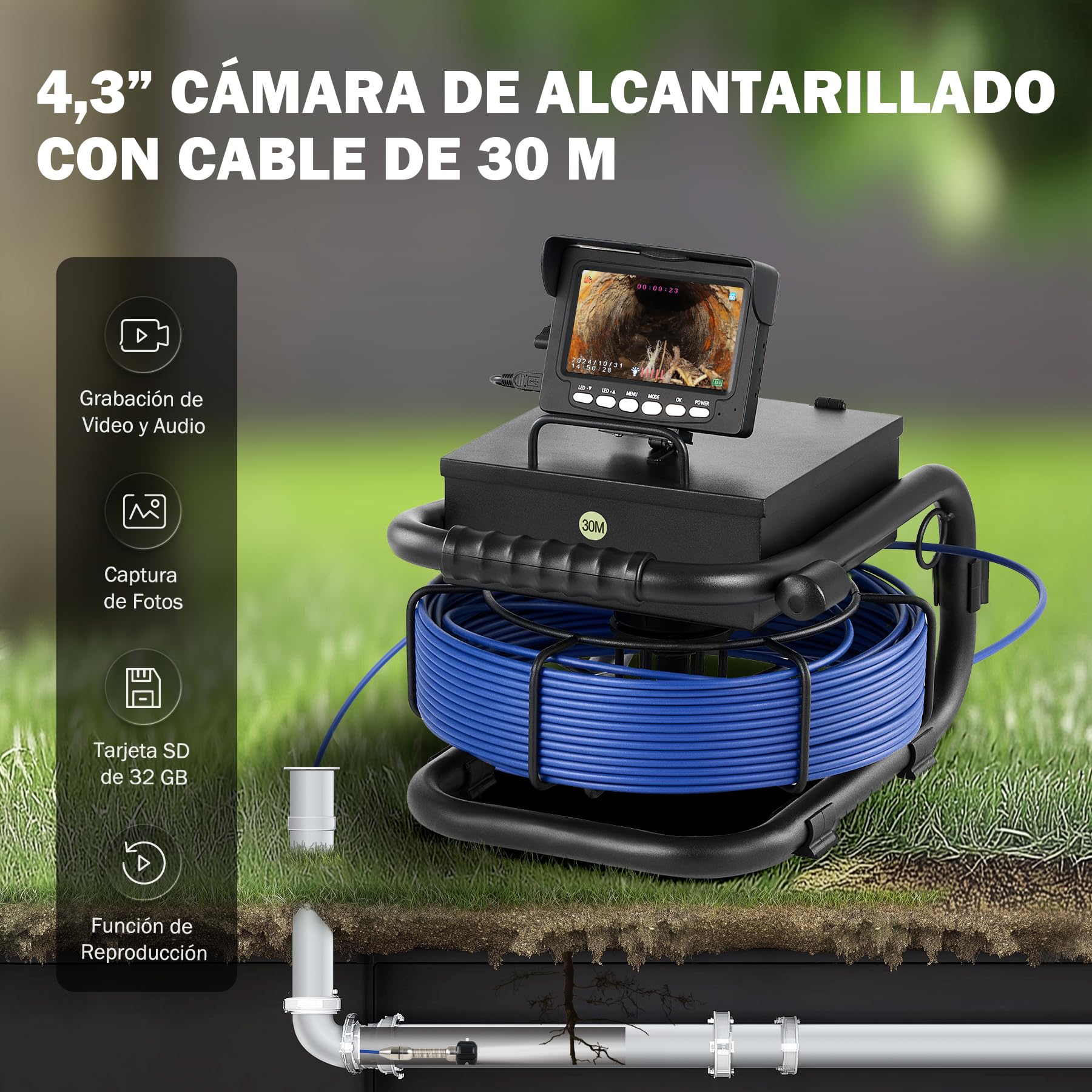 ZELCAN 4,3 Pulgadas Cámara de Alcantarillado, Cámara de Inspección de Alcantarillado con Cable de 30 m y Marcadores de Longitud, Cámara Impermeable para Tuberías