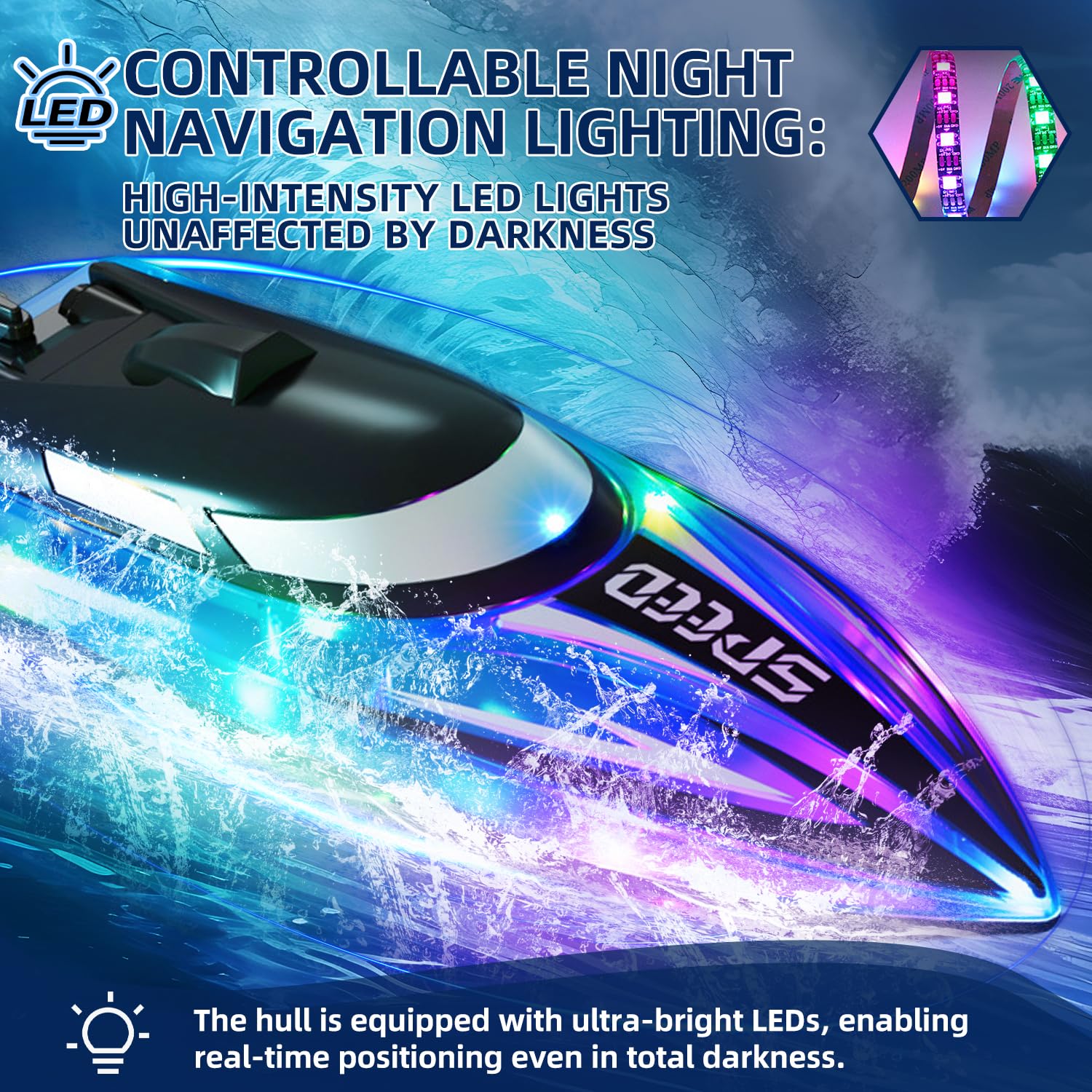 Barco teledirigido Rose con iluminación LED – Control 2,4G motorizado, impermeable y antivuelco – Lancha para niños, incluye 2 baterías