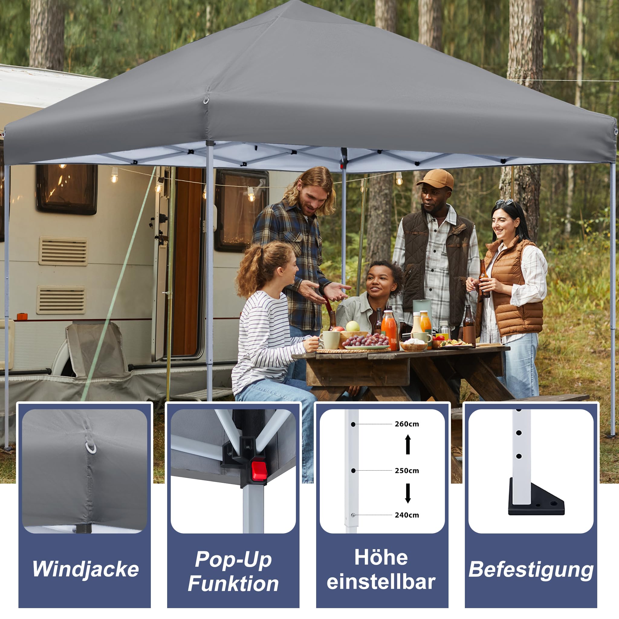 Aufun Faltpavillon 3x3m, Pop-Up Klicksystem Pavillon, Wasserdicht Stabil UV-Schutz Outdoor Partyzelt Höhenverstellbar Gartenpavillon Gartenzelt Partyzelt Klappbar inkl. Tragetasche,Grau