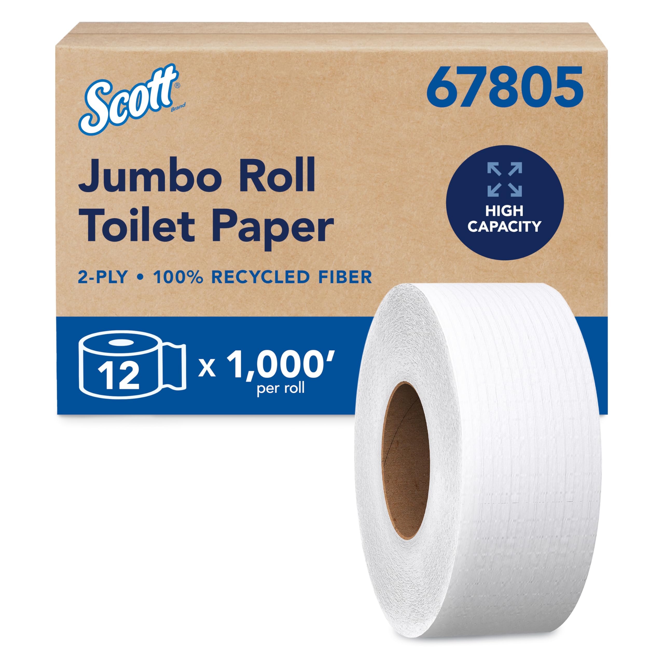 Scott Professional 100% Recycled Fiber High-Capacity Jumbo Roll Toilet Paper, Bulk (67805), 2-Ply, Septic Safe, White, Non-Perforated (12 Rolls at 1,000' Each, 12,000'/Case)