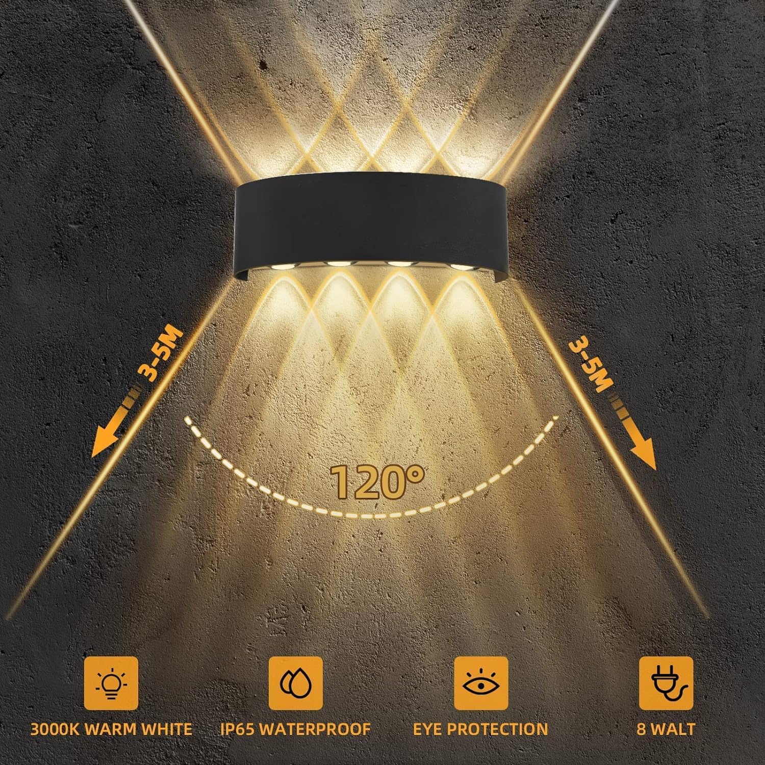 Lureshine Applique Murale LED 2 Pièces - Intérieur/Extérieur, Éclairage Haut et Bas, Aluminium Noir 8W, IP65, 3000K Blanc Chaud - Pour Garage