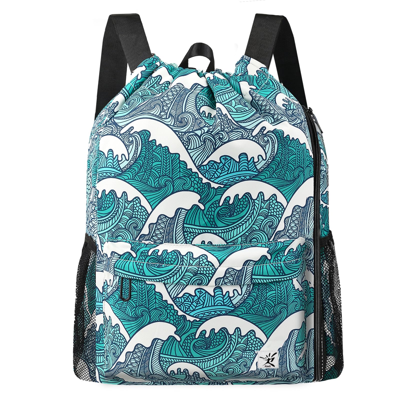 Risefit Drawstring Backpack with Mesh Pockets String Gym Bag Sackpack Sandproof Water Resistant Beach Backpack for Men Women