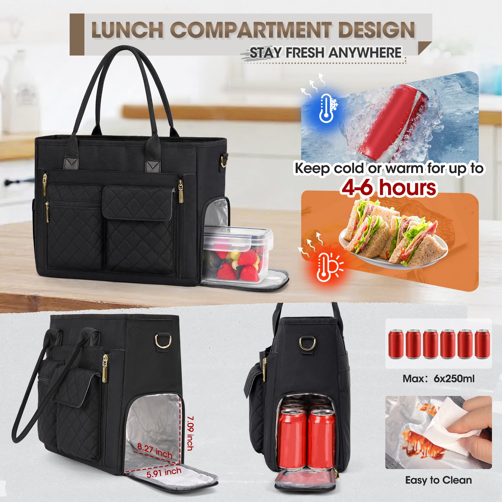 RAINSMORE Borsa tote per insegnanti con scomparto per il pranzo isolato, borsa per laptop da 15,6 pollici, borsa da lavoro leggera per donne borse da infermiera