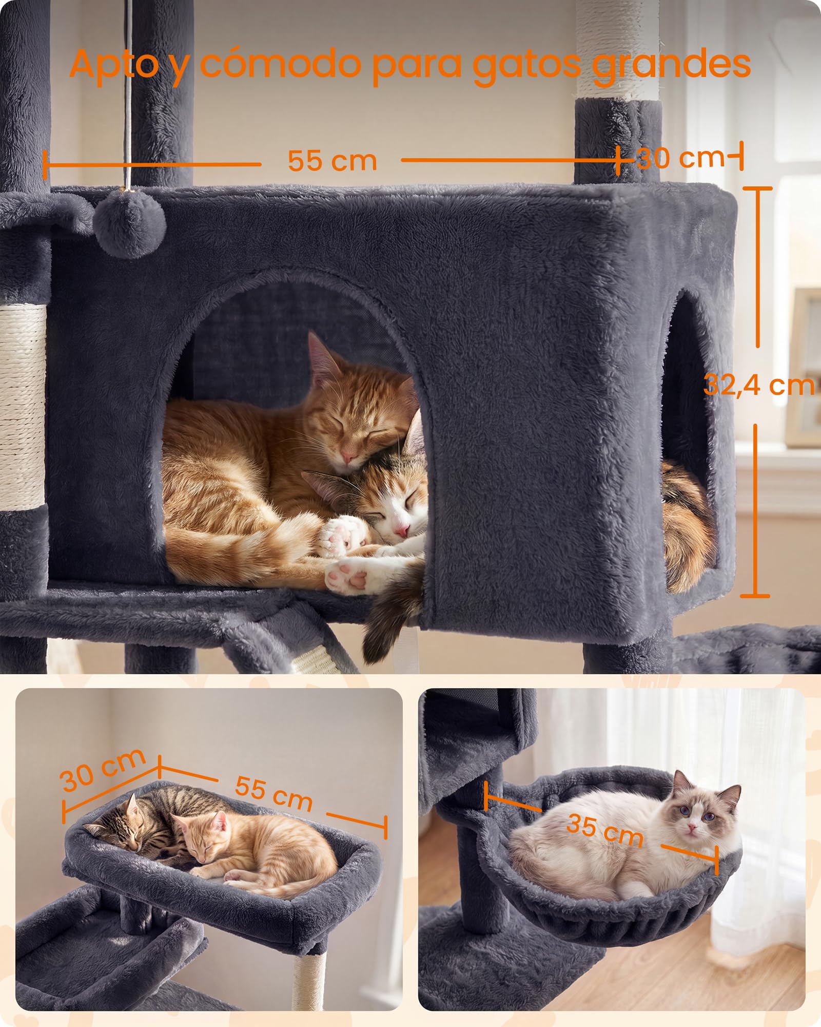 Feandrea Árbol para Gatos XXL, Torre con Postes de Sisal, Rascador para Varios Gatos Grandes, 7 Áreas de Descanso, 55 x 45 x 205 cm, Gris Oscuro, Colección Clawfy PCT021G201