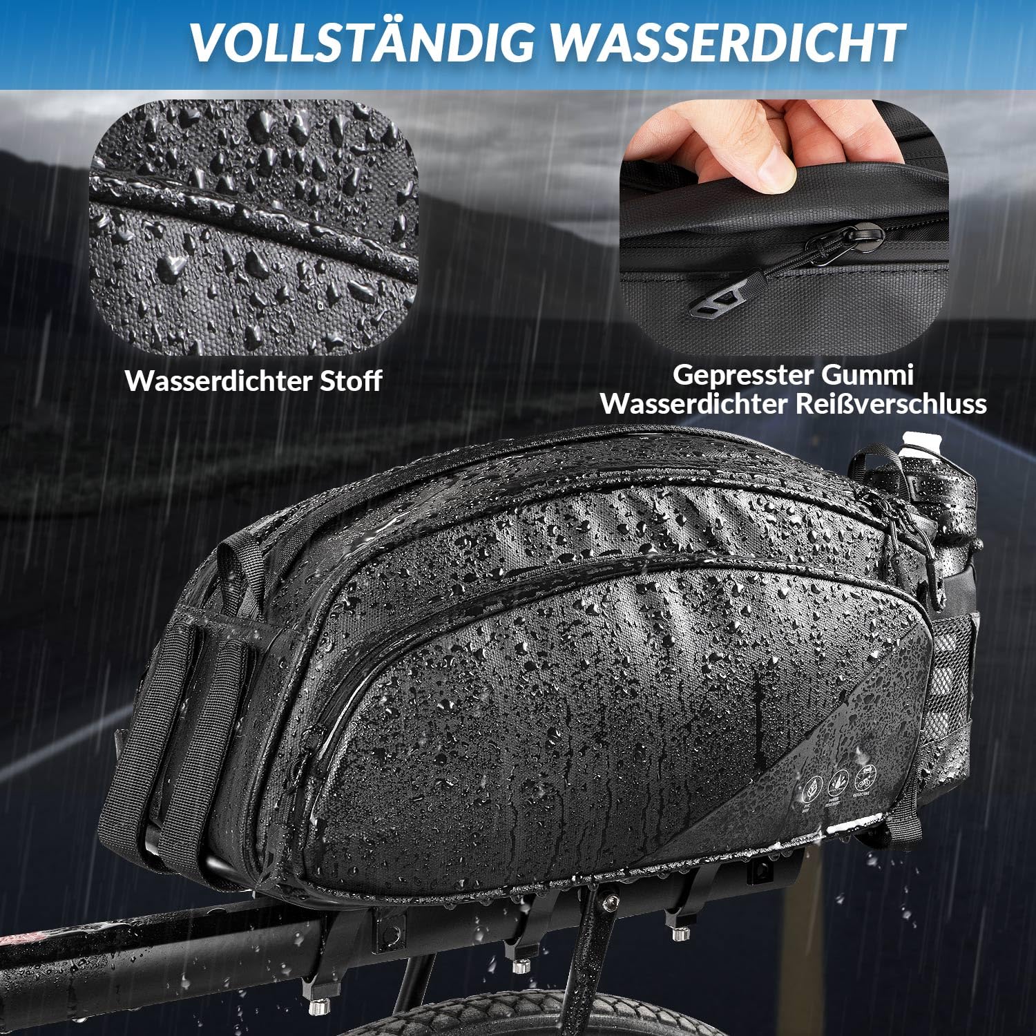 Eyein Fahrradtasche für Gepäckträger 12L - Mit Regenschutz - Wasserfest & Reflektierend Fahrrad Gepäckträgertasche als Umhängetasche und Handtasche - Mit Schultergurt und Flaschenhalter