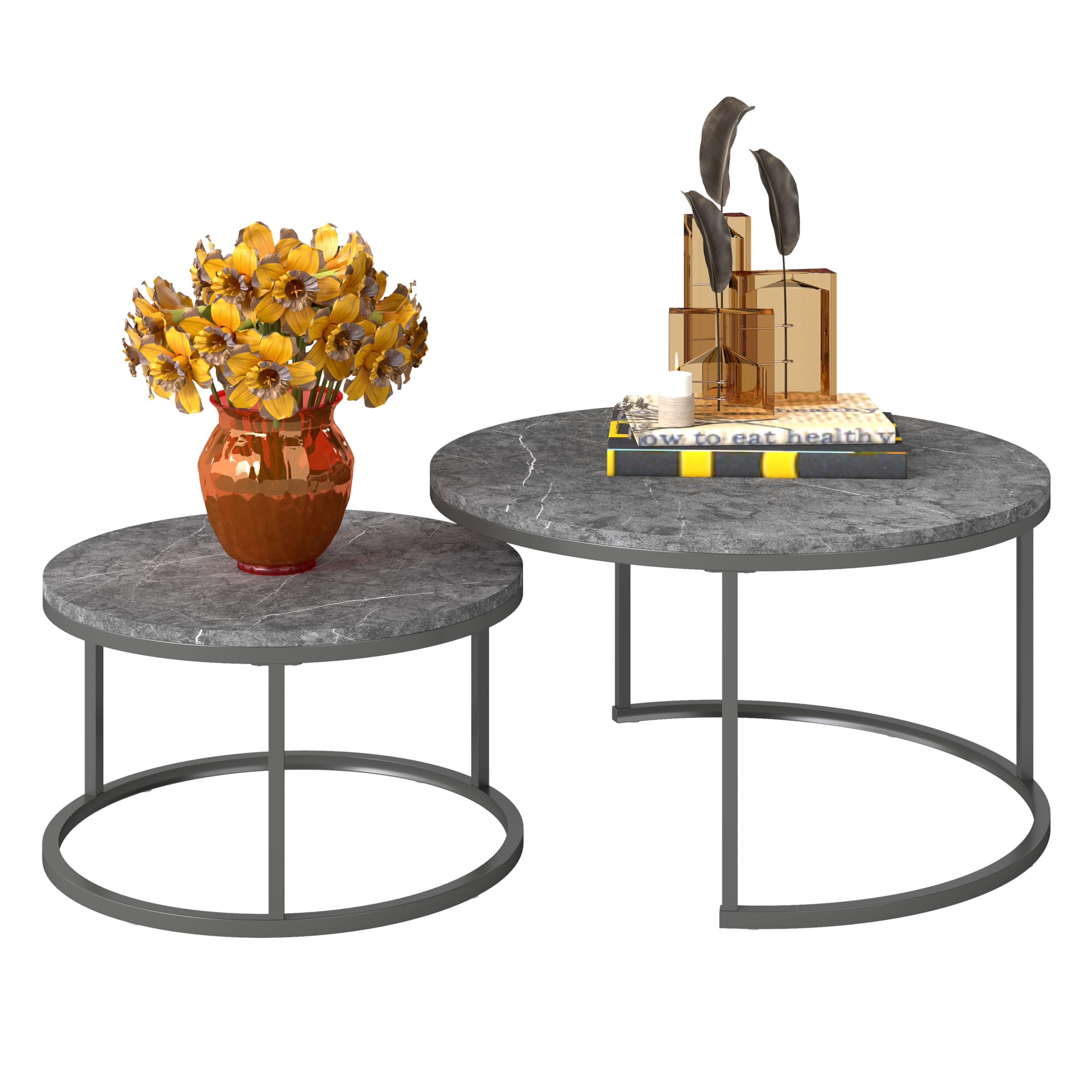 hitsuki Couchtisch Rund 2er Set, Marmor Couchtisch Grau Metallgestell Wohnzimmertisch Grau, Beistelltisch Metall，Satztische fürs Wohnzimmer, Schlafzimmer, Balkon (Schwarz & Schwarz)