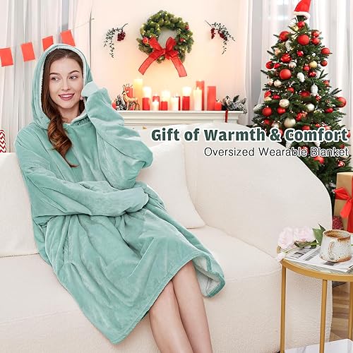 Miniatura 5 de AmyHomie Manta de sherpa con capucha de gran tamaño, sudadera con capucha de forro polar, para mujeres, hombres y niños, Verde salvia