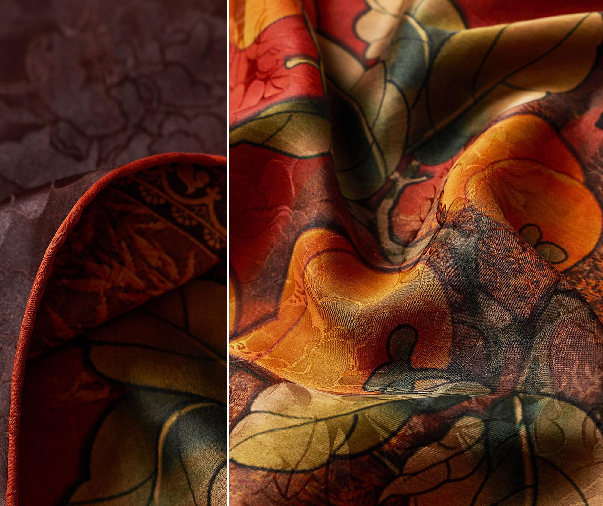 HangErFeng Damski jedwabny szalik szal XiangYunSha dwustronny ręcznie zwijany persymona druk artystyczny pomarańczowy 1644