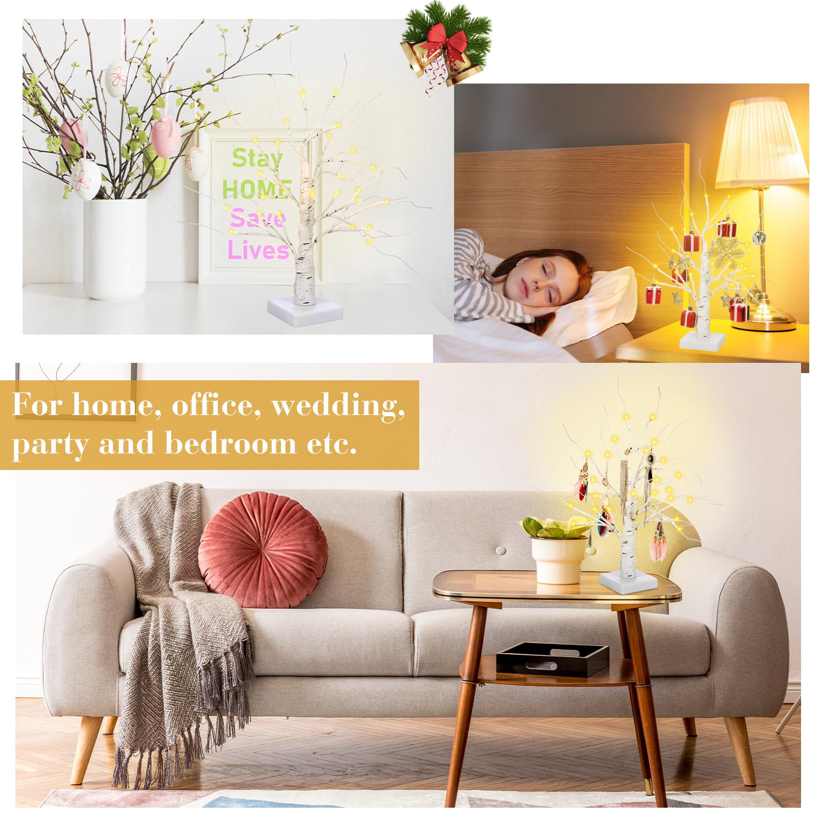 Macarrie Tabletop Lighted Birch Tree White Birch Tree with Lights Mini Artificial Trees Battery Powered or USB Twinkling for Table Centerpiece, Indoor Decor Graduation Gift(18 Inch, 6 Pcs)