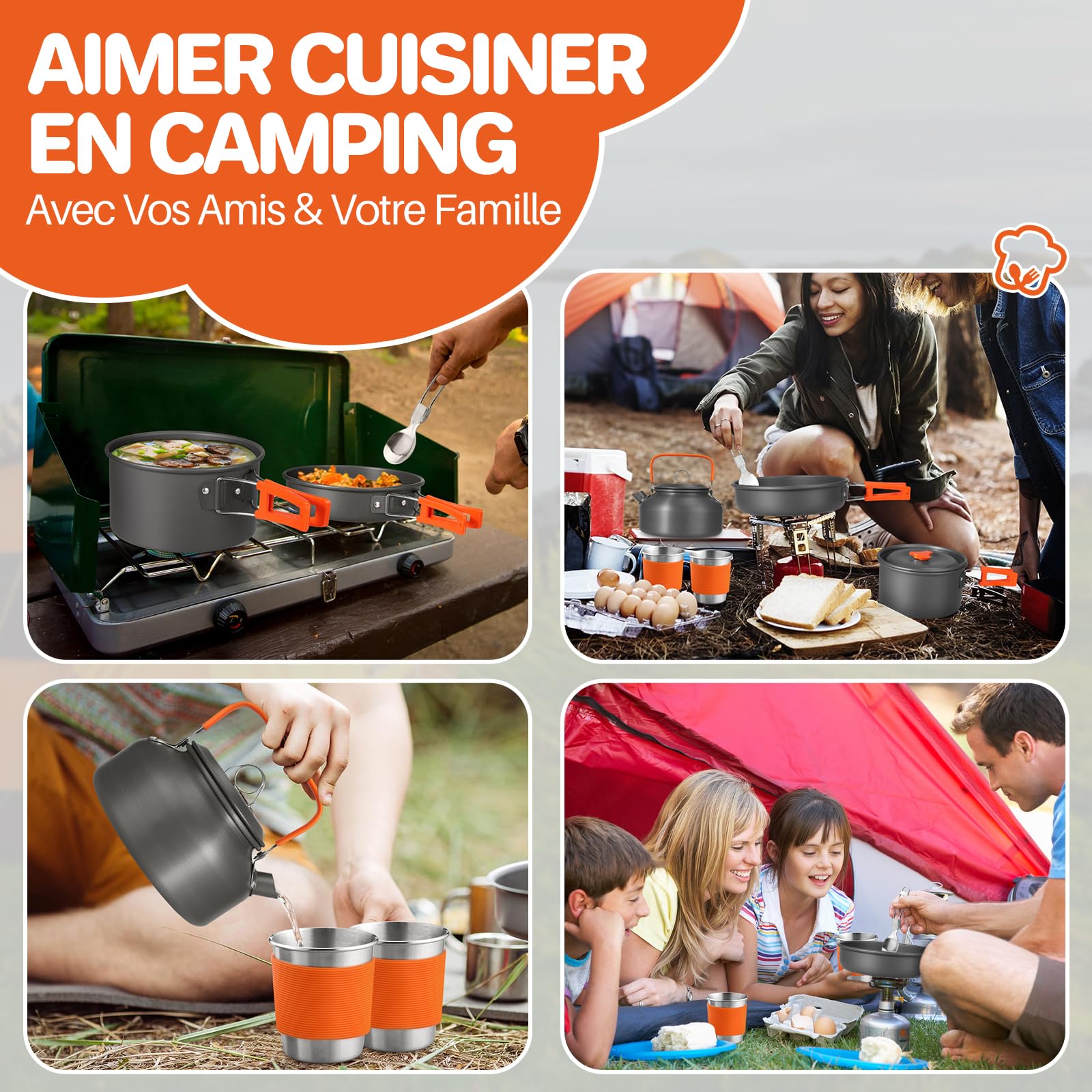 FUNYKICH Multi-PCS Kit de Casseroles Camping, Accessoire Camping Légère, Cookware Kit en Aluminium Durable pour Pêche/Survie/Randonnée/Outdoor/Pique-Nique