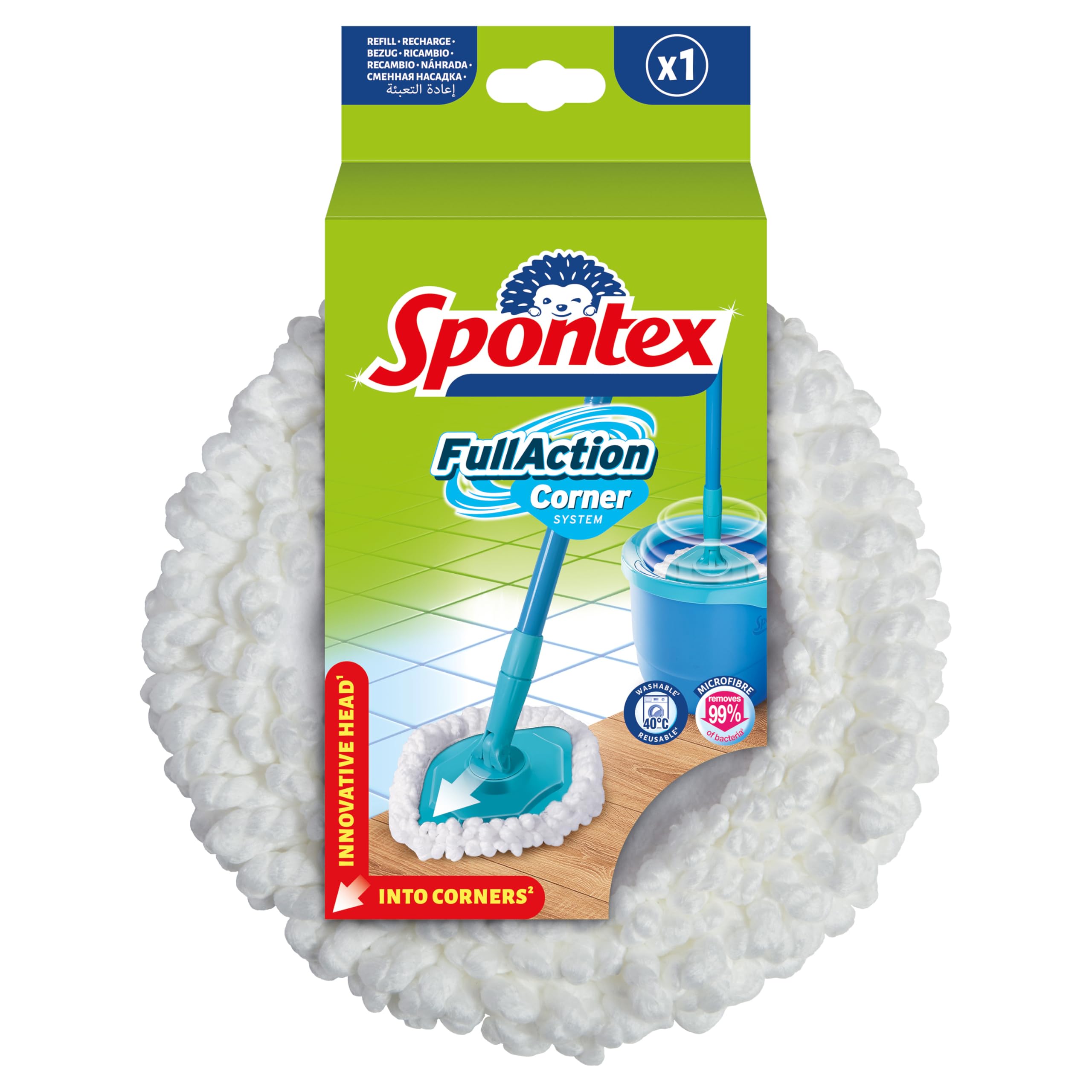 Spontex Full Action Corner System Spin Mop Head Refill | Reaches Tight Corners | Easy 360° Wringing & Rinsing System | Cleans Laminate, Wood & Tile Flooring