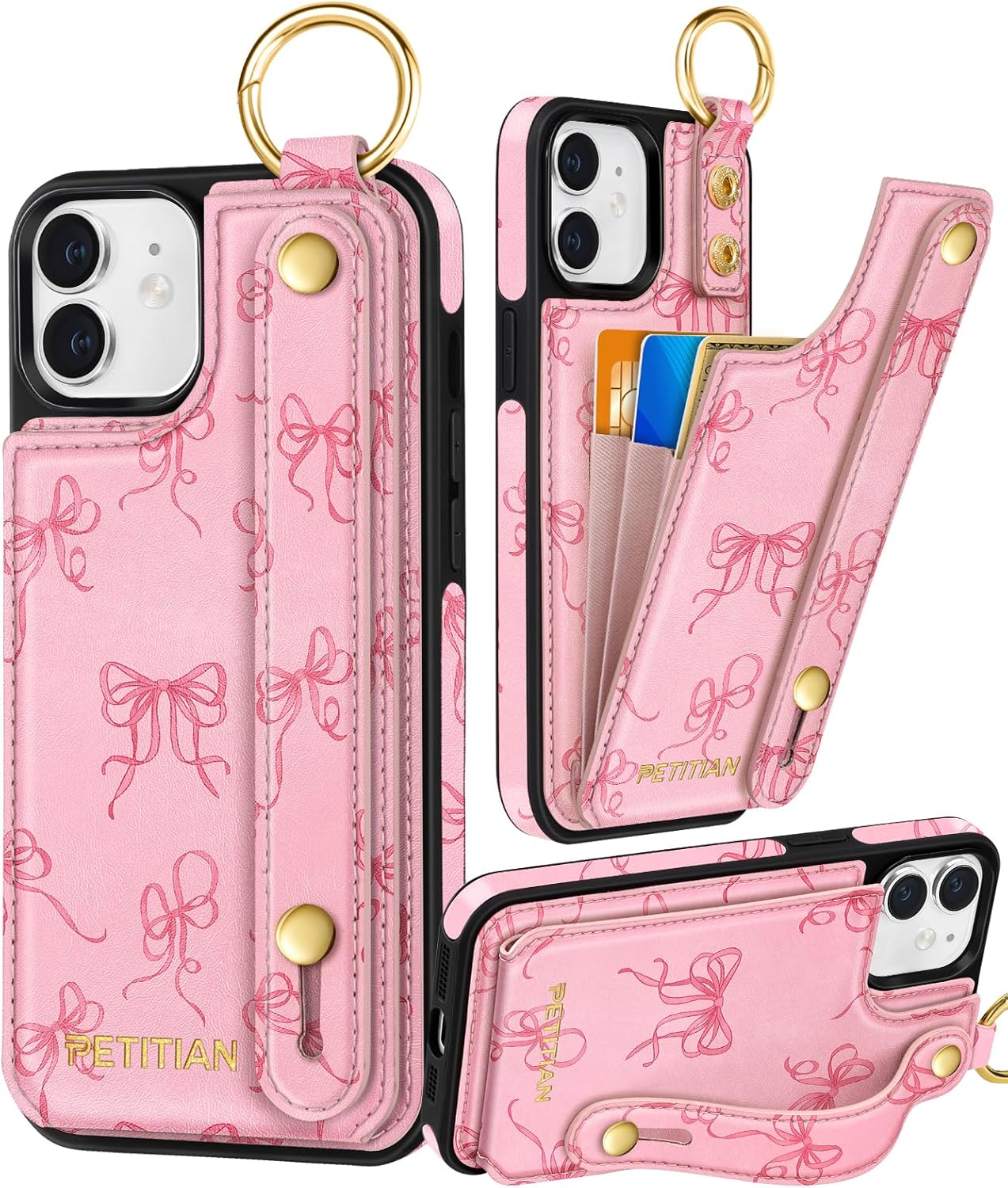 Petitian for iPhone 11 Case with Wallet - Women Girls Cute Girly Aesthetic Unique Design Leather Credit Card Holder Cardholder Stand Wristband for iPhone 11, Line Bow Line Bow iPhone 11