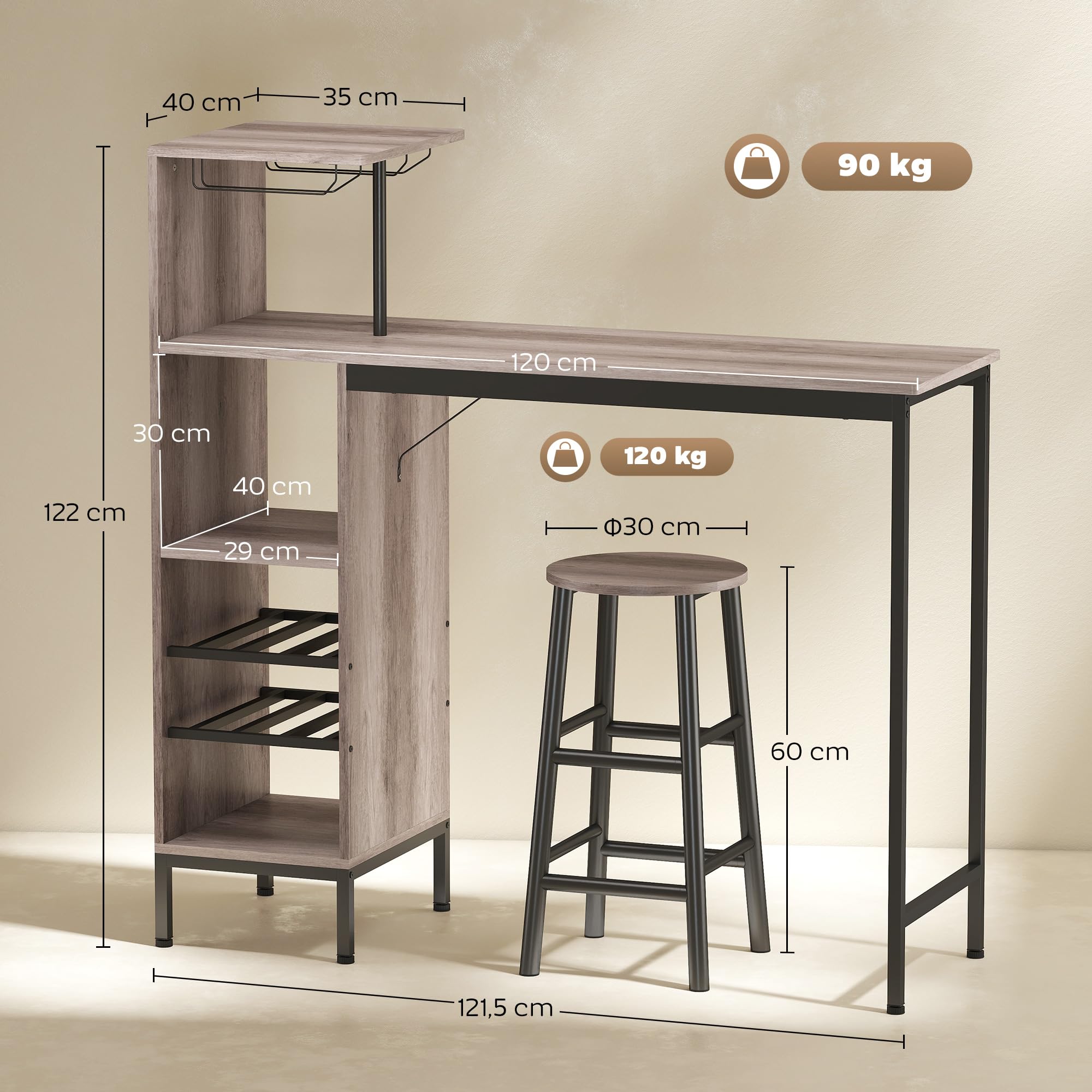 HOMCOM Bartisch mit Barhocker Set Tresentisch mit 2 Stühlen mit Fußstütze, Esstisch mit Weinglashalter, Ablage, Weinregal, Industrial Bartisch Set für Esszimmer, Kleine Raum, Grau