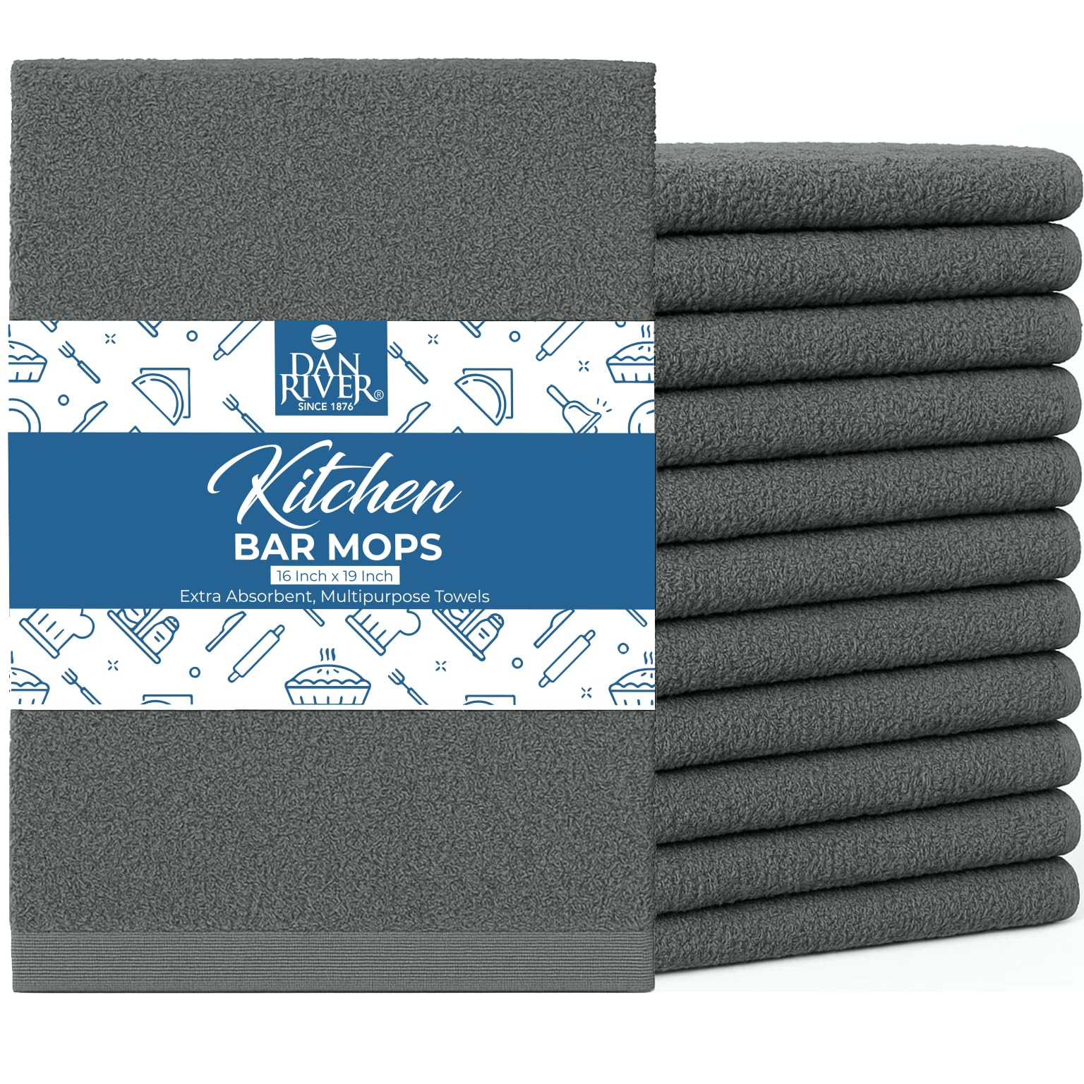 DAN RIVER Kitchen Bar Mops,Pack of 12,16 by 19 Inches,100% Cotton Super Absorbent,Multi-Purpose Cleaning Towels for Home and Kitchen Bars-Grey