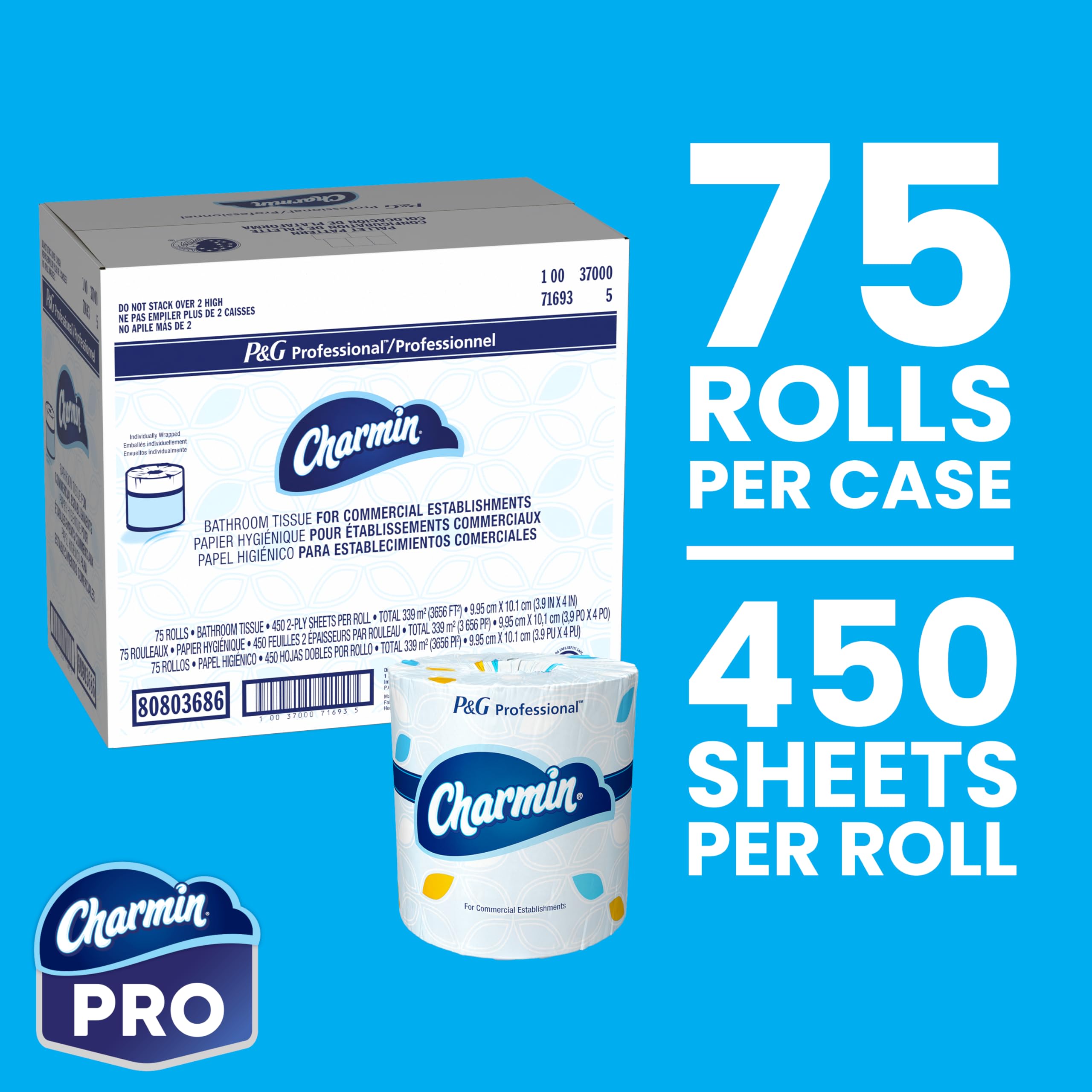 Charmin Papel higiénico profesional a granel para negocios, envuelto individualmente para uso comercial, rollo estándar de 2 capas con 450 hojas/rollo (caja de 75)