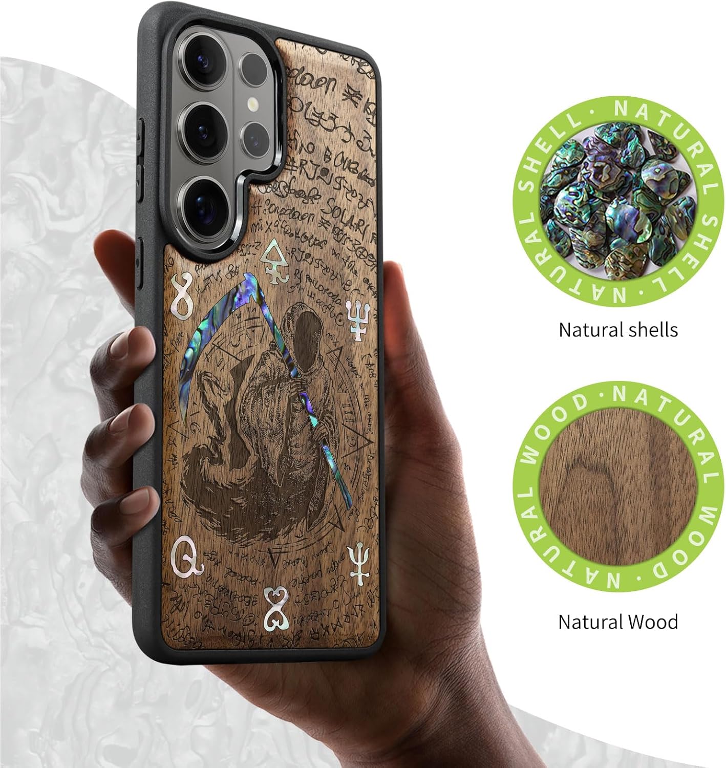 Carveit Magnetic Wooden Case for Samsung Galaxy S26 Ultra Case, Wood Artisan Engraved & Handmade Shell Inlaid, Compatible with MagSafe Wireless Chargers (The Grim Reaper of Carved) Walnut