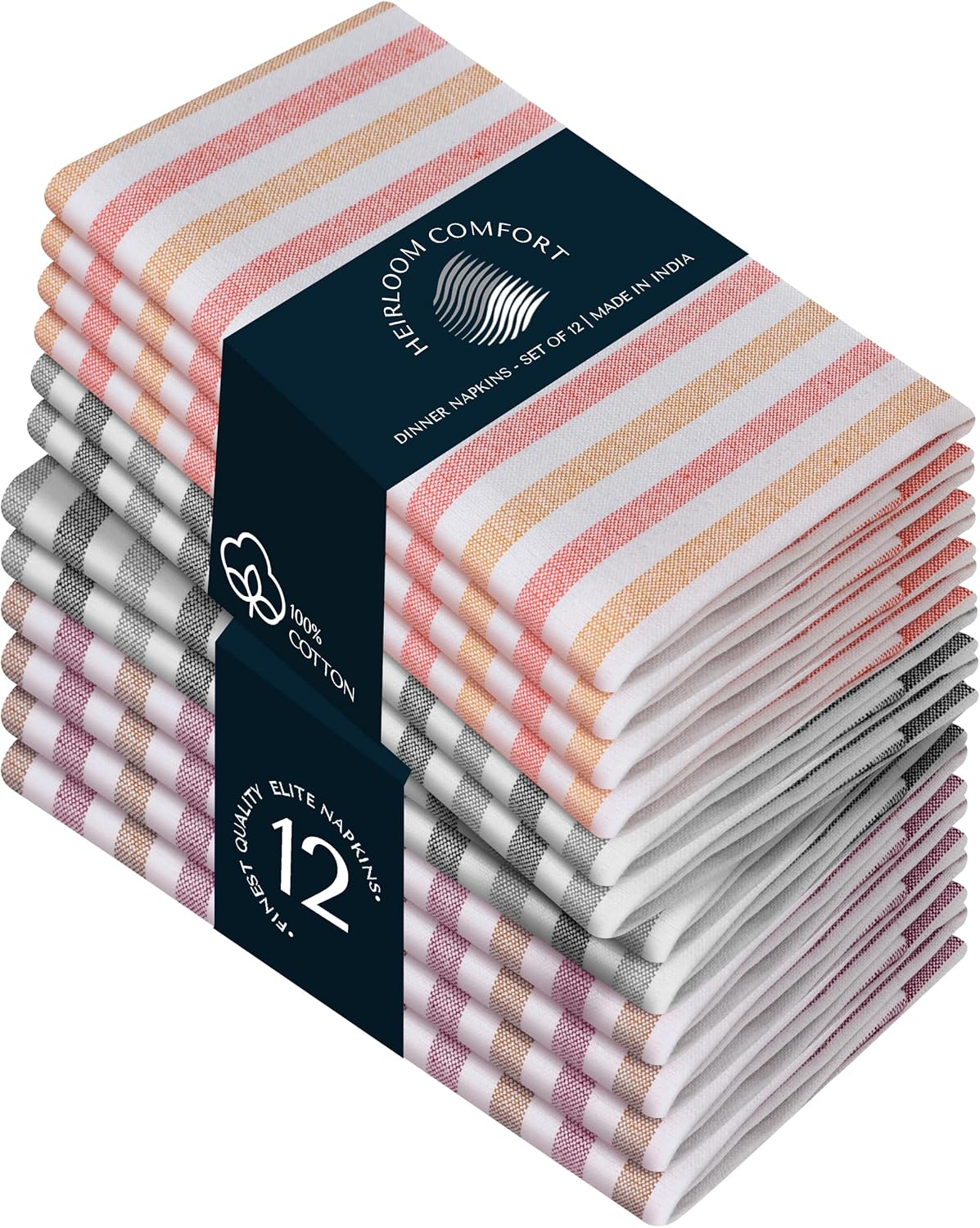 Fiesta Striped Cloth Napkins Set of 12, 18x18 Inch, 100% Cotton, Reusable & Washable, Durable, Absorbent Napkin for Dinner, Party, Wedding - Orange, Yellow, Grey, Brown, Burgundy