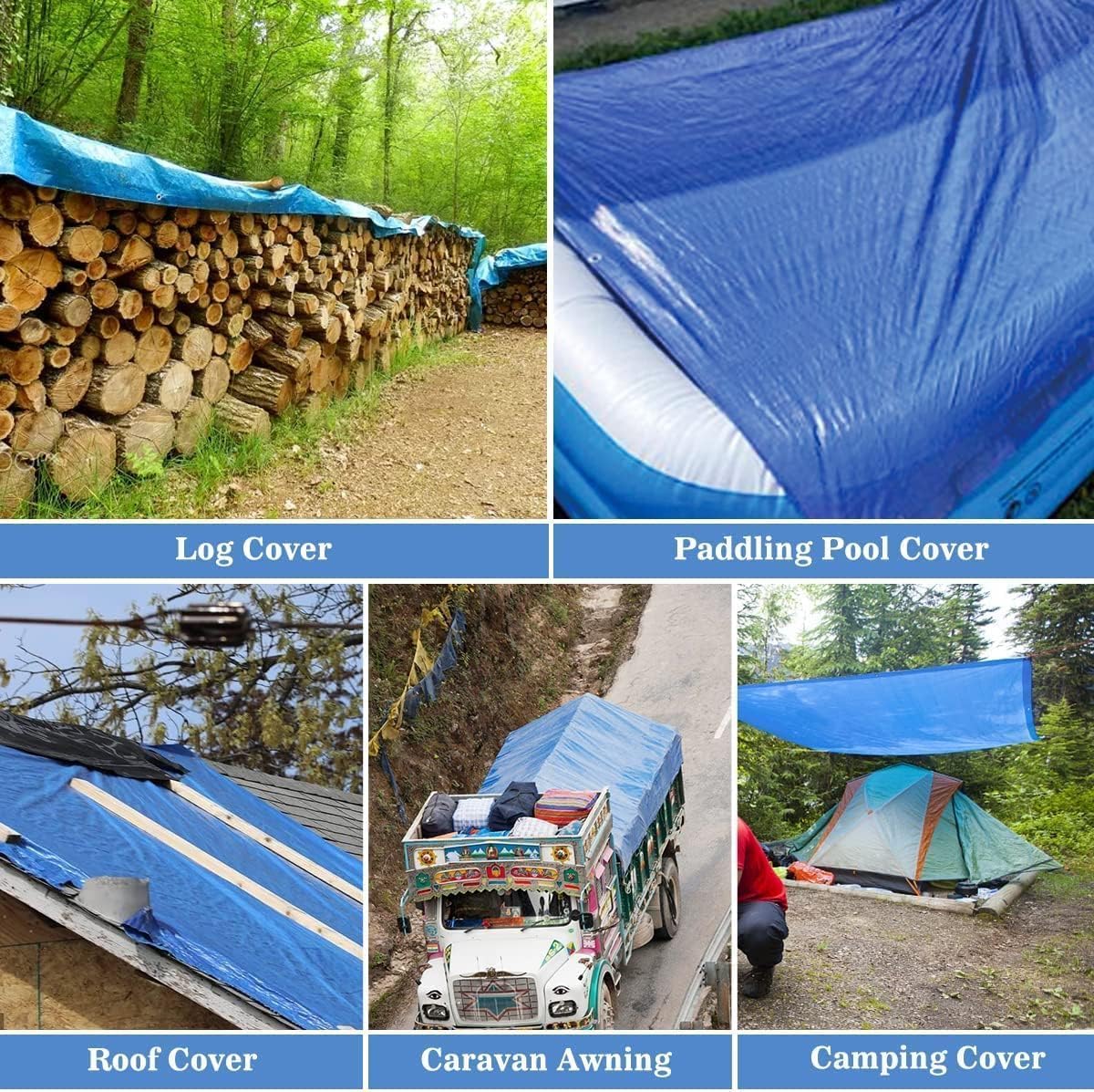 (Azul/Negro, 5x8 200g) Lona Impermeable Exterior - Reforzada - Argollas Antidesgarro - Toldo 100% Impermeable y 100% Protección UV - Cubretodo Múltiples Usos - 3 Capas Laminado Cruzado
