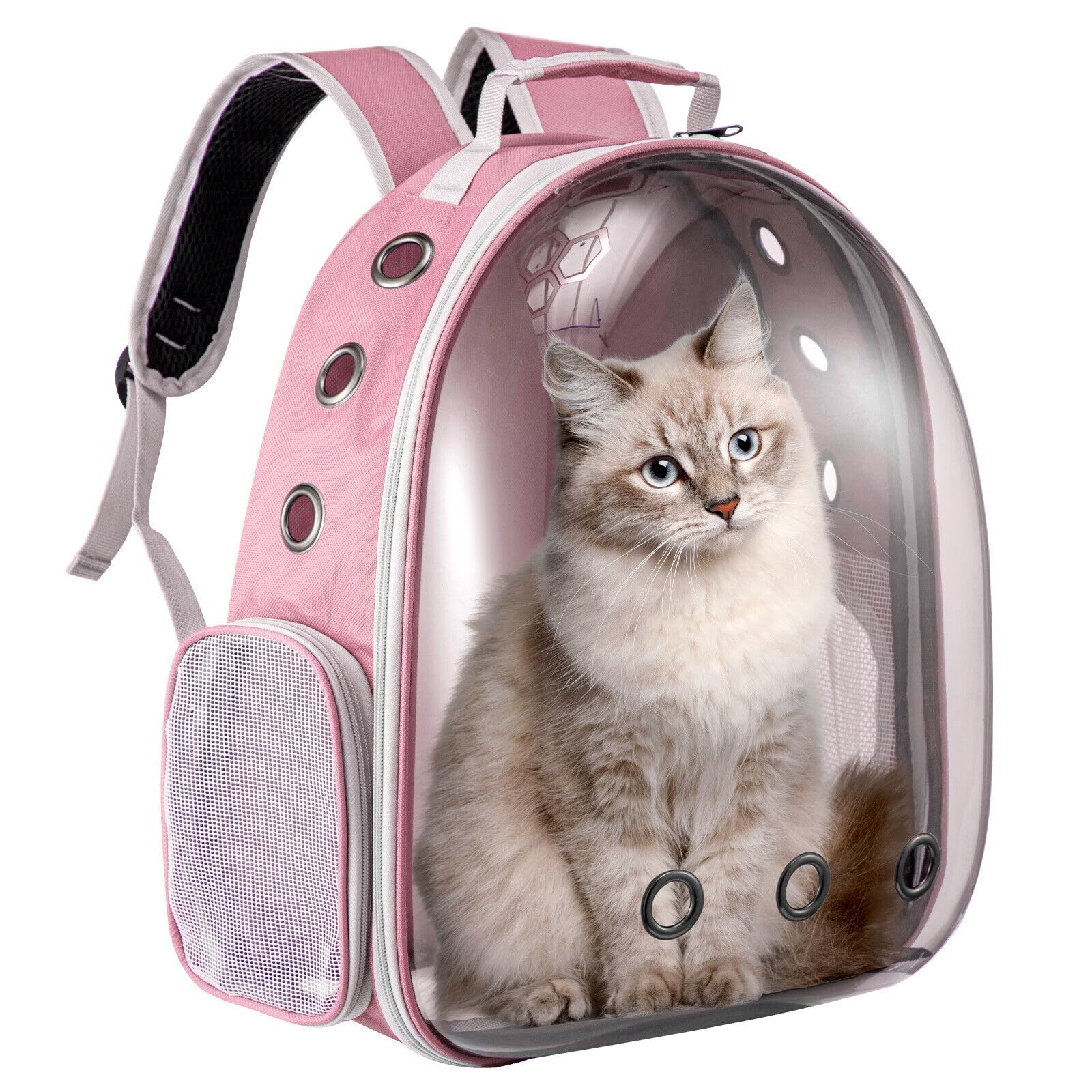 LN COZY CORNER Transparent Bubble Cat Backpack –Space Capsule Pet Carrier Backpack with Hard‑Shell Dome, Breathable Mesh & Padded Straps – Hands‑Free Travel Cat Bag Carrier (Pink)