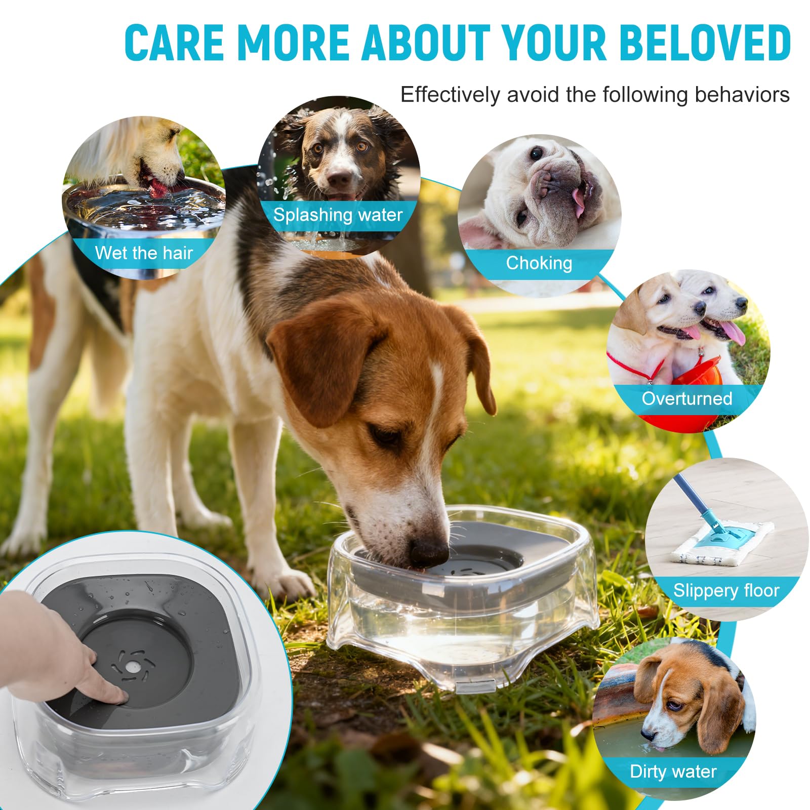 Ciotola dell'acqua per cani con disco galleggiante, 1,8 l, per bere lentamente, anti-troppopieno, anti-soffocamento, senza fuoriuscite, ciotola per animali domestici per cani, gatti, cuccioli, gattini
